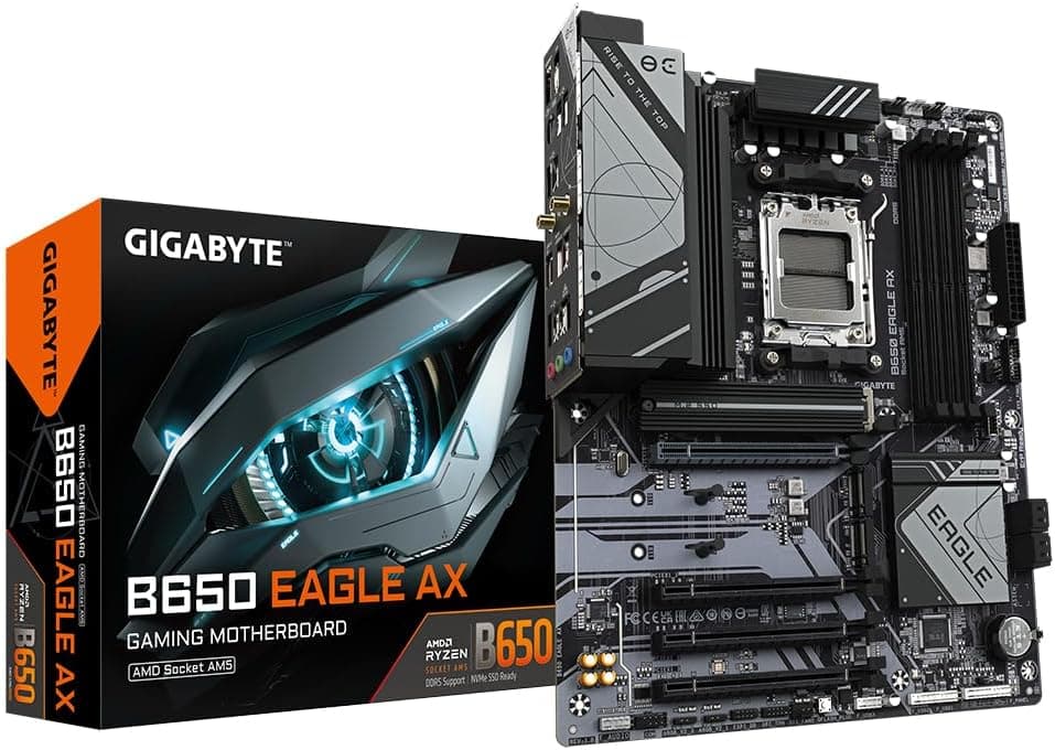 GIGABYTE B650 Eagle AX Placa base - AMD Ryzen série 9000, VRM de 12 + 2 Fases, até 7600 MHz DDR5 (OC), 1 x PCIe 5,0 + 2 x PCIe 4,0 M,2, LAN GbE, WiFi 6E, USB 33 .2 Gen 2
