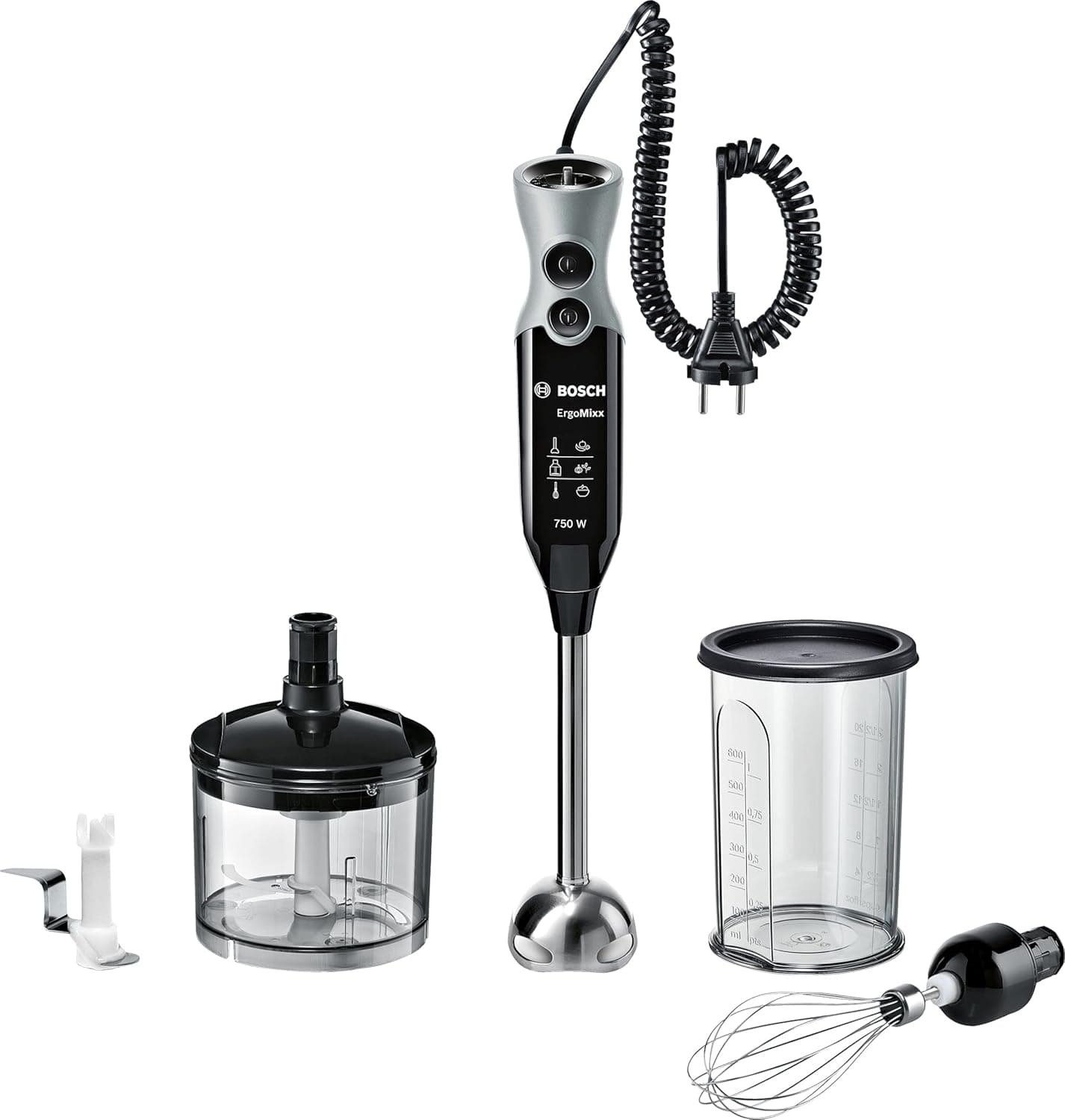 Bosch ErgoMixx MSM67170 Varinha mágica, 750 W, inclui picador, batedeira manual e lâmina para gelo, preto e cinzento