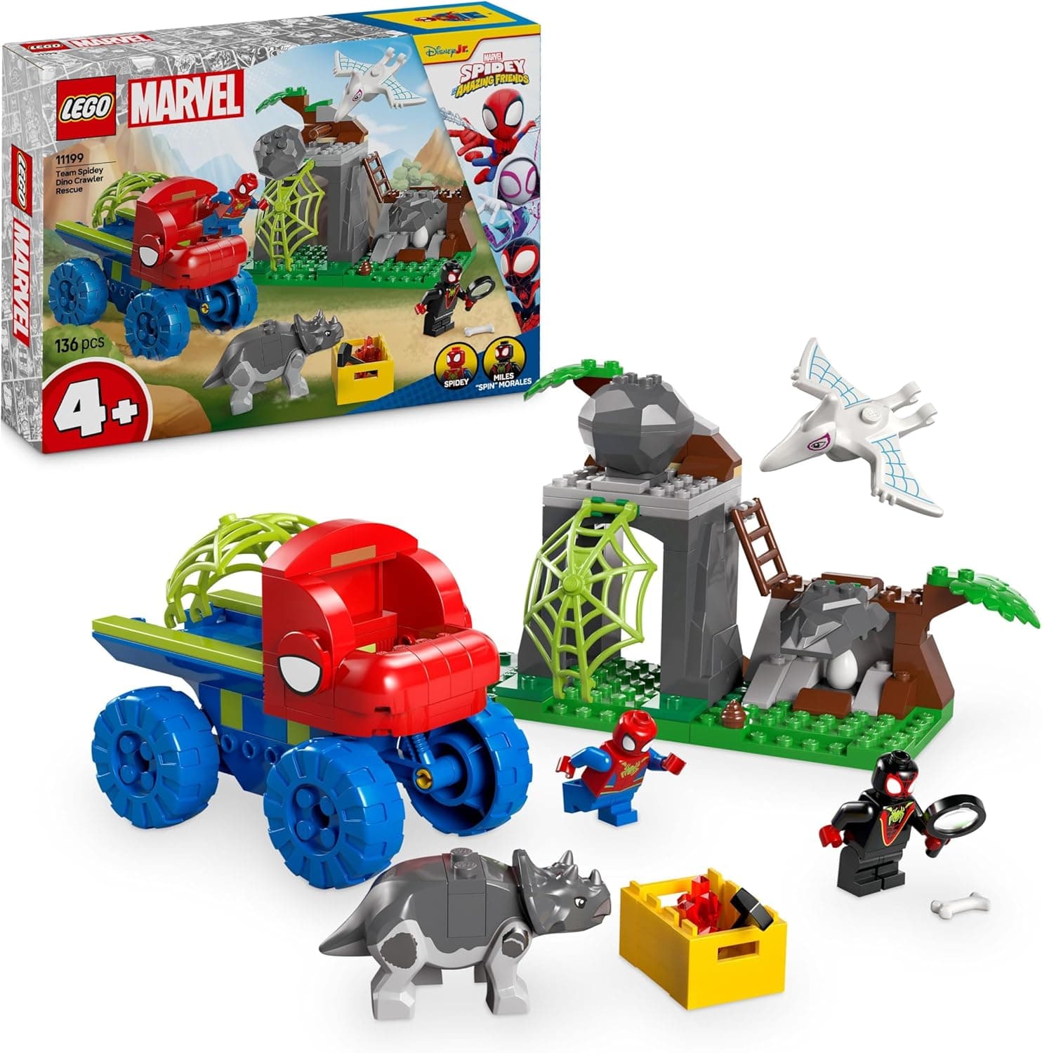 LEGO Marvel todo-o-terreno dinossauro e equipa Spidey al resgate camião e dinossauros de brinquedo, milhas murais, Spider fantasma, Rino, presente para meninos e meninas de 4 anos Spidey e sua