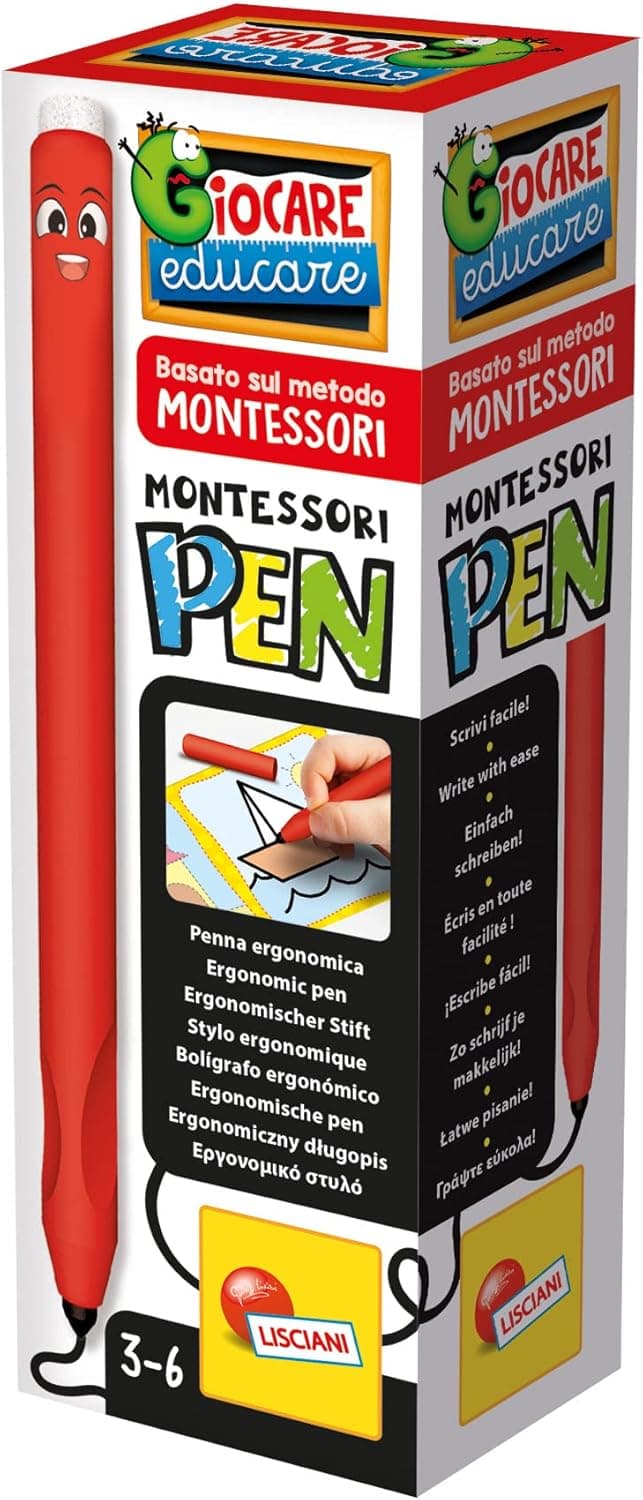 Lisciani - Caneta esferográfica MONTESSORI- Caneta para aprender a escrever - Atividade MONTESSORI - Aprender a escrever - Desenvolve habilidades motoras finas para crianças de 3, 4, 5 e 6 anos