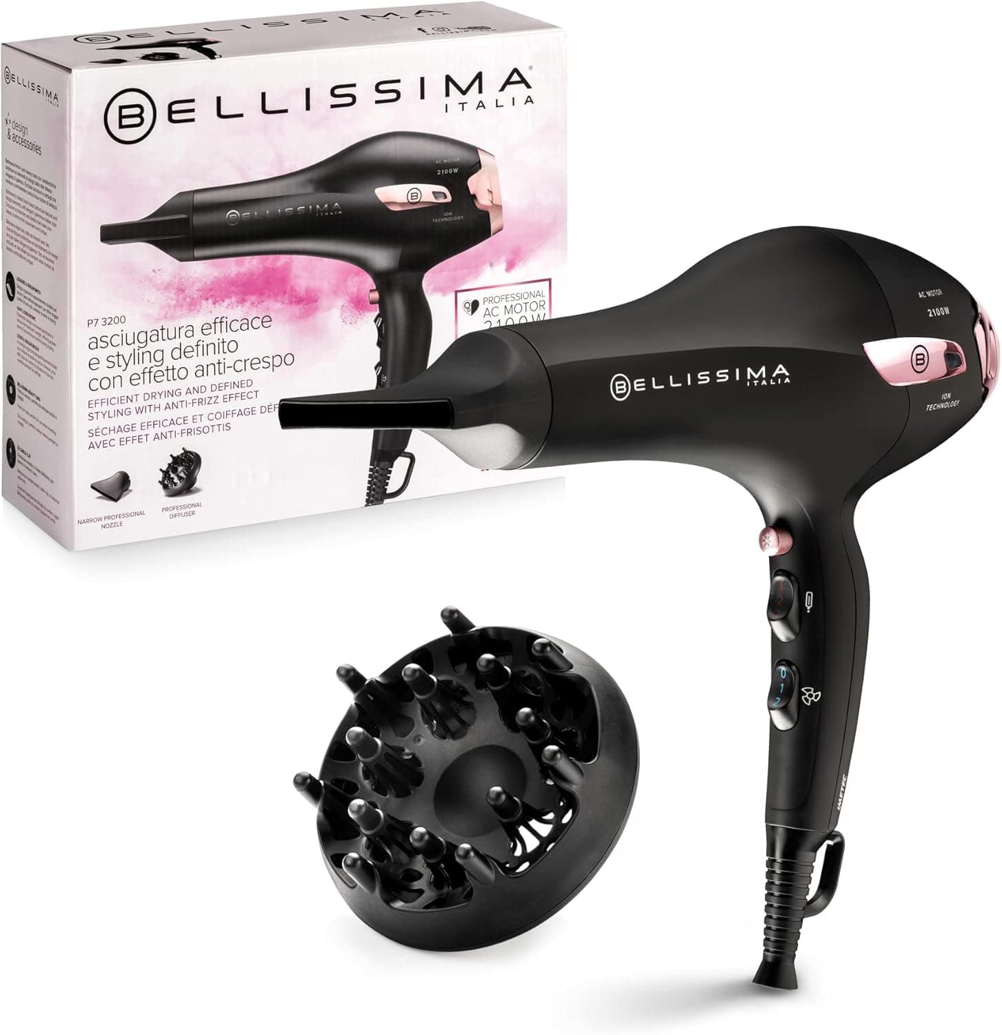 Bellissima P7 3200, secador de cabelo, motor profissional, 2100 Watt, ionizador, 2 velocidades, 3 temperaturas, difusor de cachos, tomada de ar frio, luz, estojo de viagem, clipe para cabo