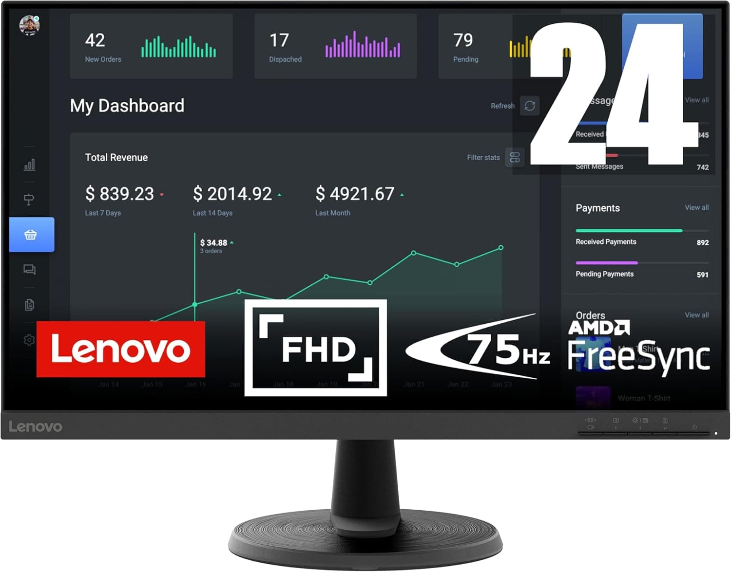 Lenovo D24-45 - Monitor FullHD de 24" (VA, 75Hz, 4 ms, HDMI, VGA, cabo HDMI, FreeSync) Ajuste de inclinação - preto