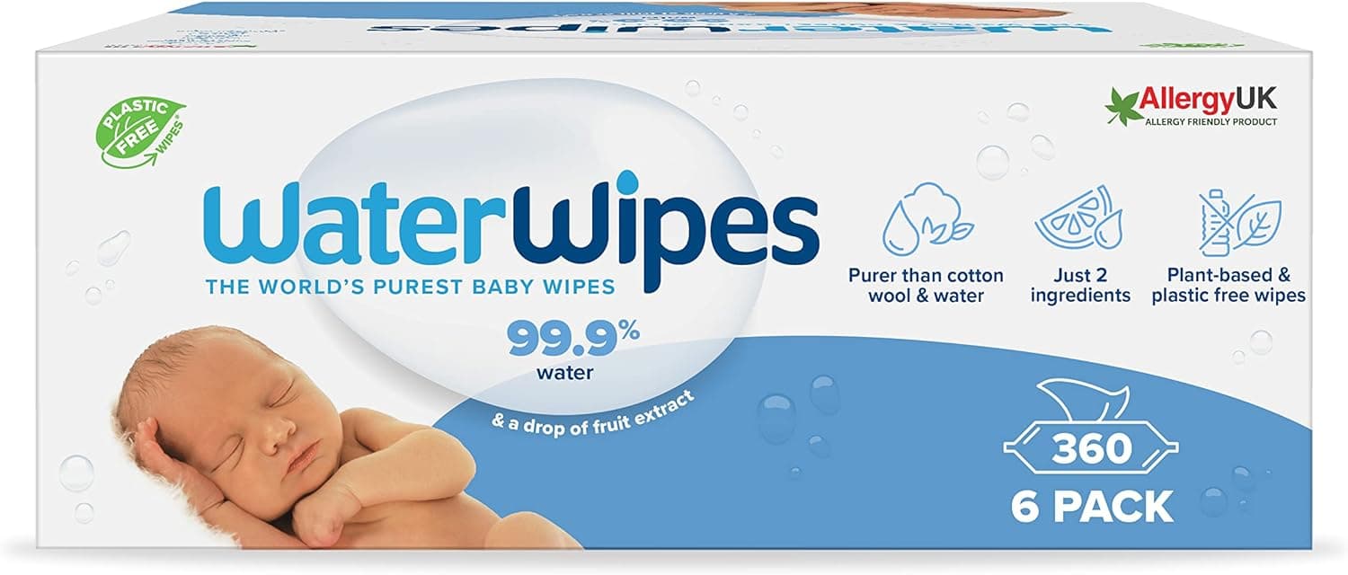 WaterWipes Toalhetes húmidos originais para bebés, sem plástico, 360 unidades (embalagem de 6), 99,9% base de água e sem perfume para peles sensíveis 