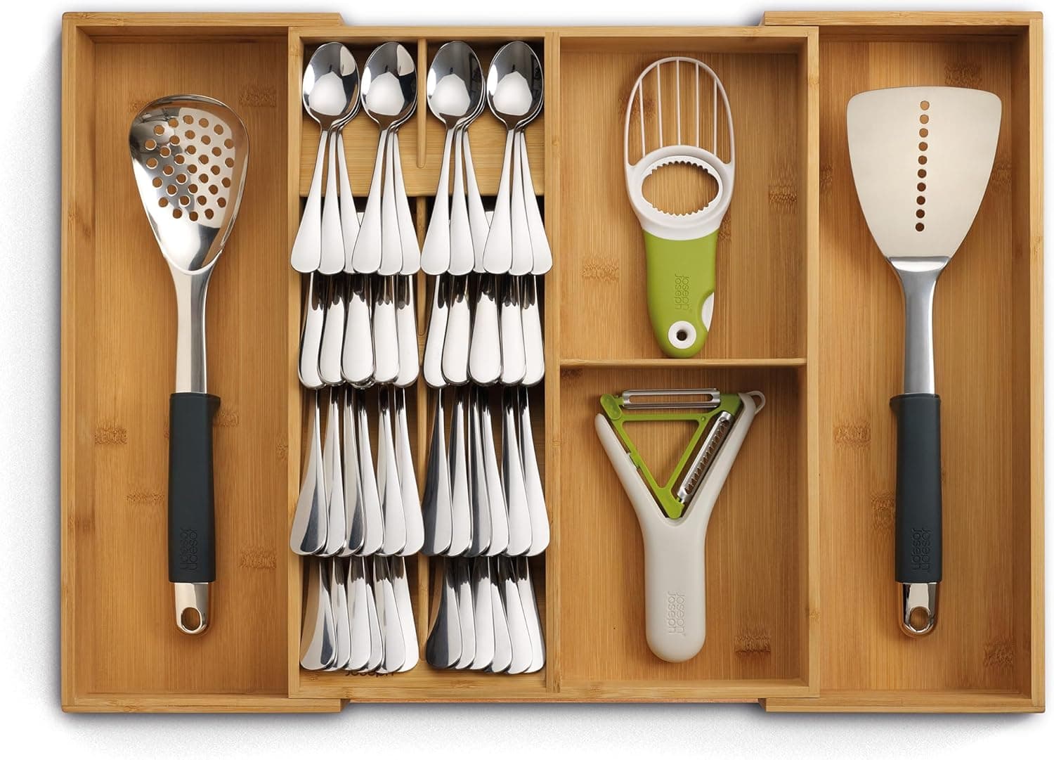 Joseph Joseph DrawerStore Bandeja de talheres extensível, cobertura para gaveta de cozinha, talheres, utensílios de mesa, bambu