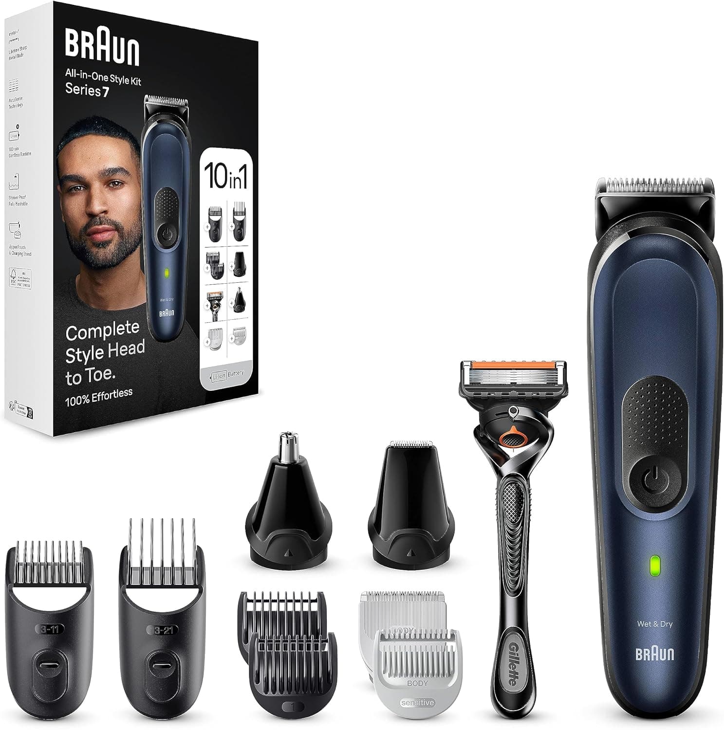 Braun Aparador de barba série 7 máquina de cortar cabelo, máquina de barbear, corta-pelos homem kit 10 em 1 para barba, cabelos, depilação masculina, MGK7410