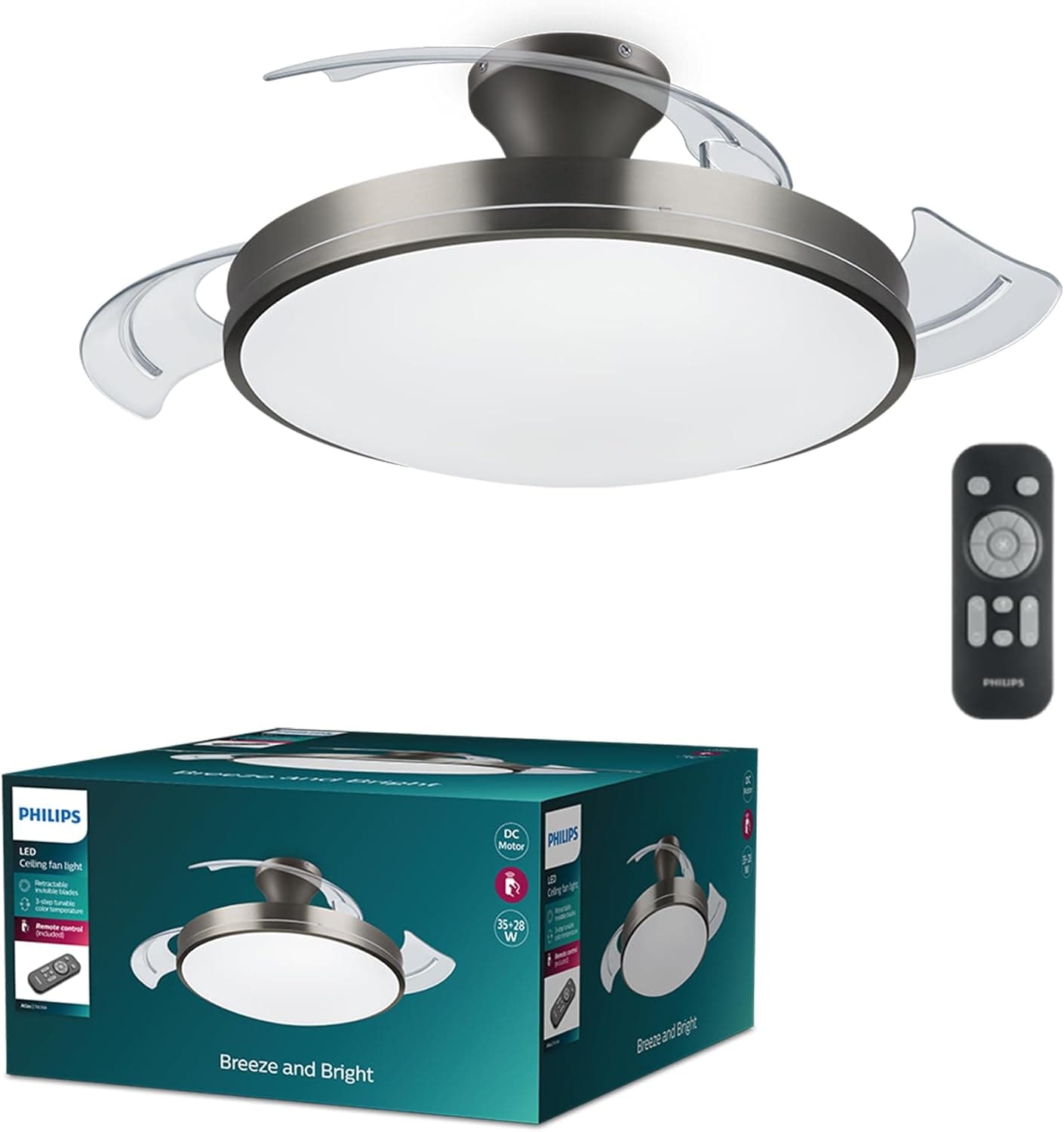 Philips Plafão LED e ventilador de teto retrátil de níquel com controlo remoto