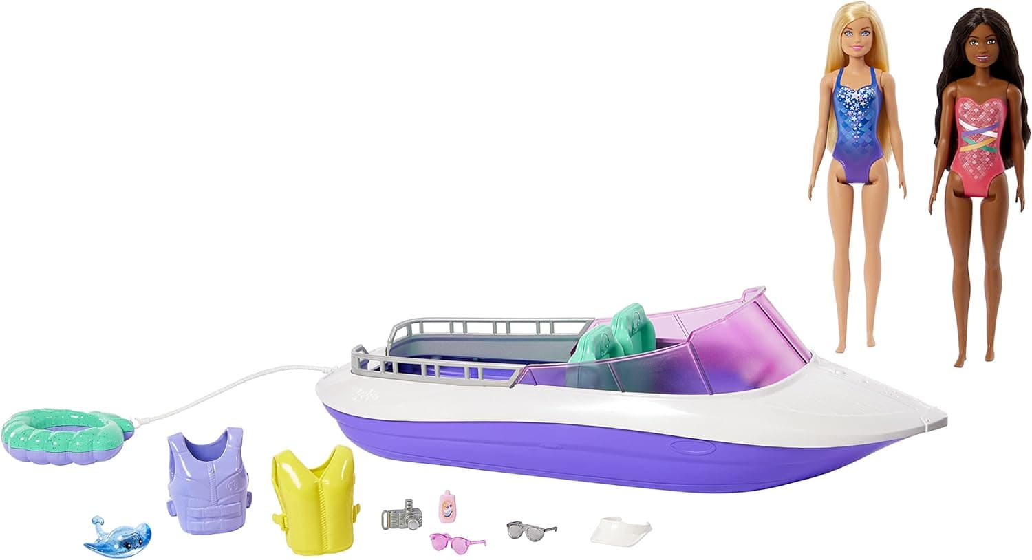 Barbie Mermaid Power Barco que flutua com duas bonecas Malibu e Brooklyn com fato de banho e acessórios aquáticos, brinquedo de presente + 3 anos (Mattel HHG60)