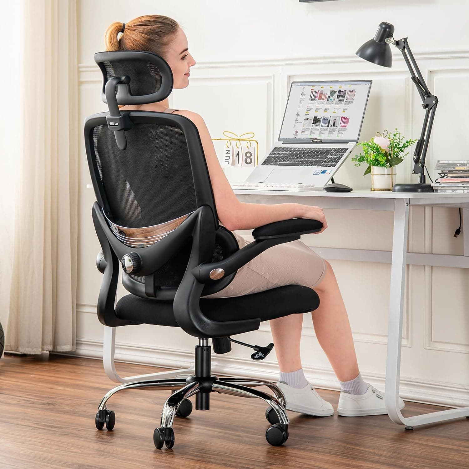 TONFARY Cadeira ergonómica para escritório com encosto alto de malha, suporte lombar ajustável, apoios de braço rebatível