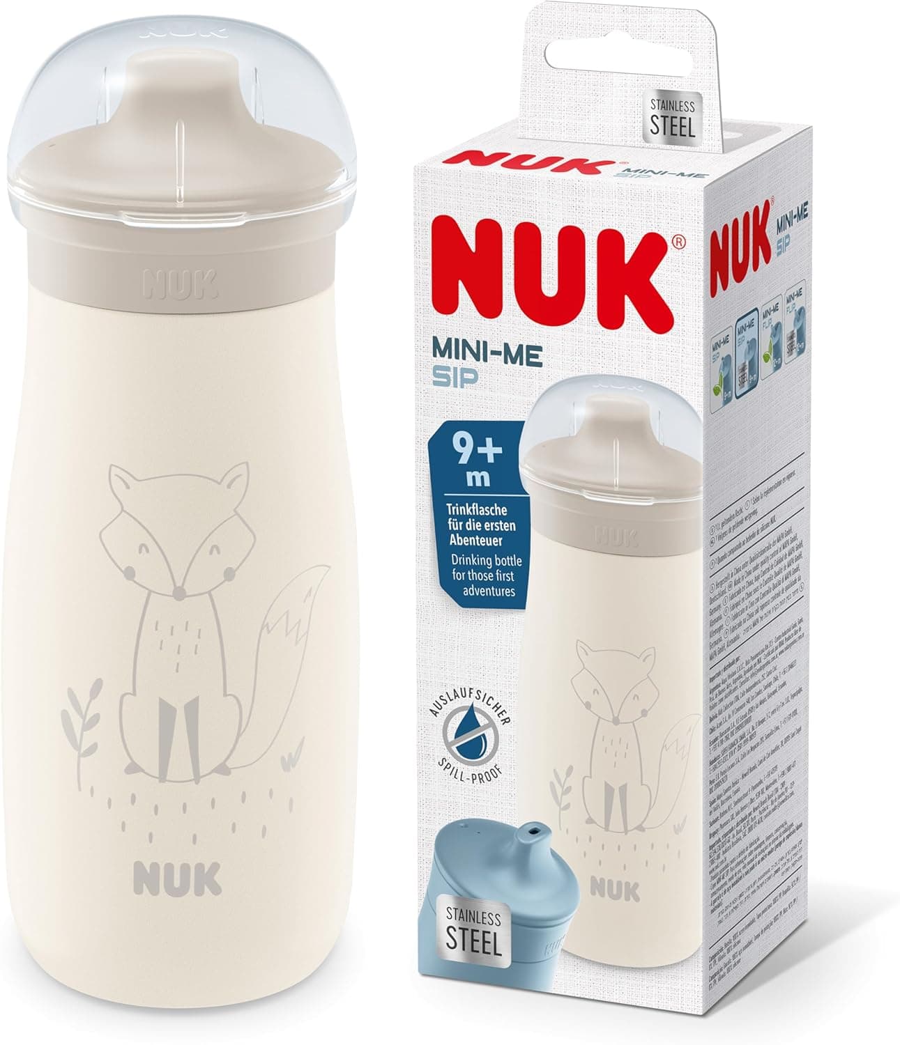 Copo NUK Mini-Me Sip para crianças pequenas, 9 meses, 300 ml, garrafa de água para crianças, boquilha endurecida à prova de fugas, à prova de quebra, raposa bege
