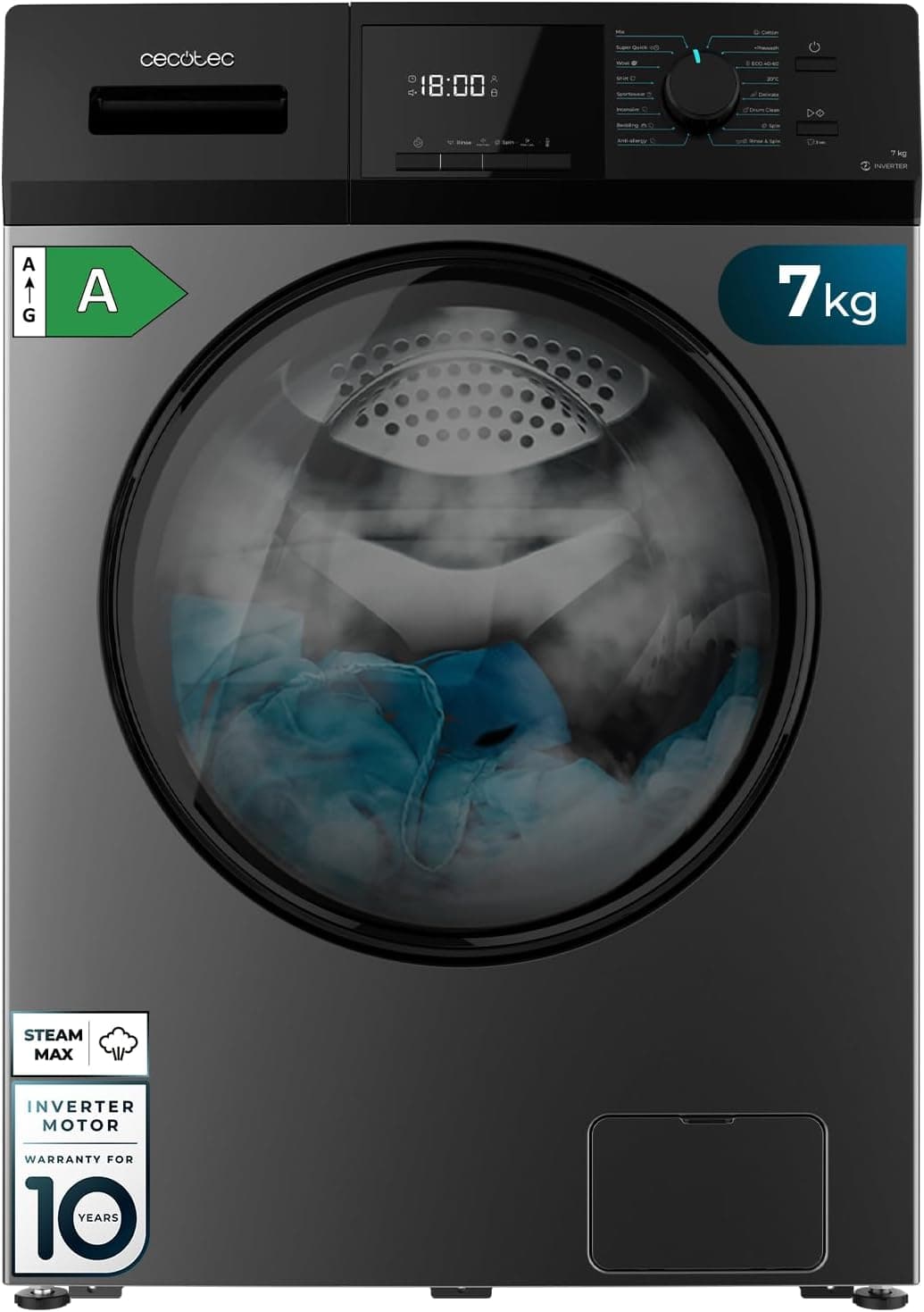 Cecotec Arruela 7 kg carga frontal Bolero Dresscode 7410 Inverter Steel A. 1850W, 1200 rpm reguláveis, 16 programas, motor inversor Plus, baixo consumo, vapor, esterilização de roupa
