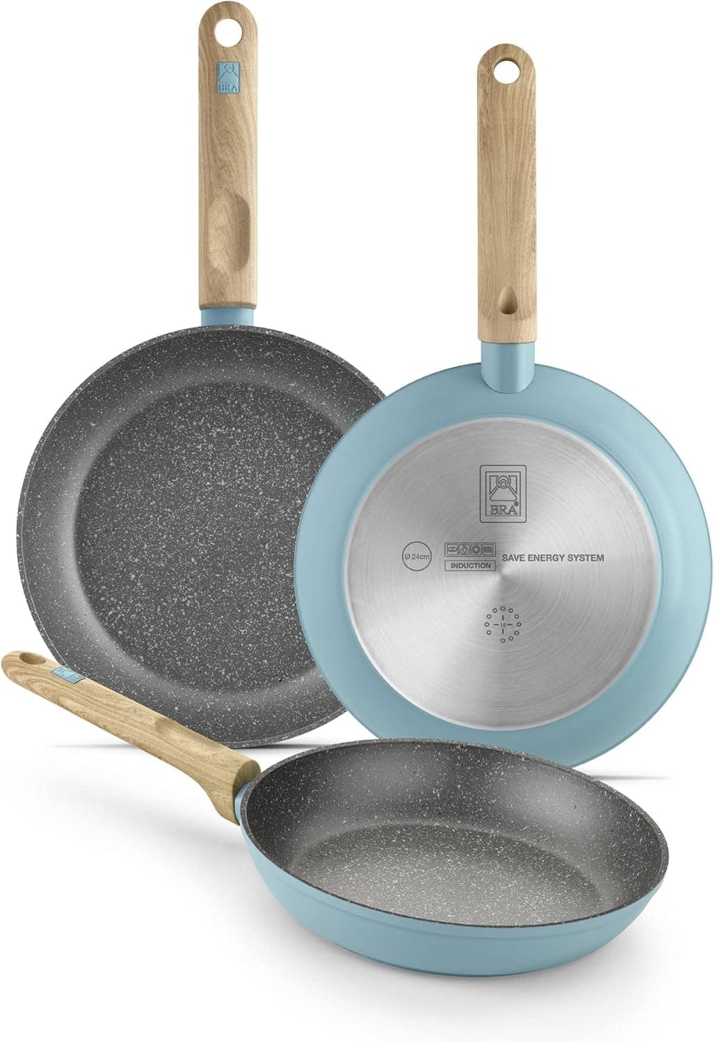 BRA Nordik Conjunto de frigideiras 18-22 - 26 cm de design nórdico de alumínio forjado com antiaderente, adequado para todos os tipos de cozinhas, incluindo indução, turquesa