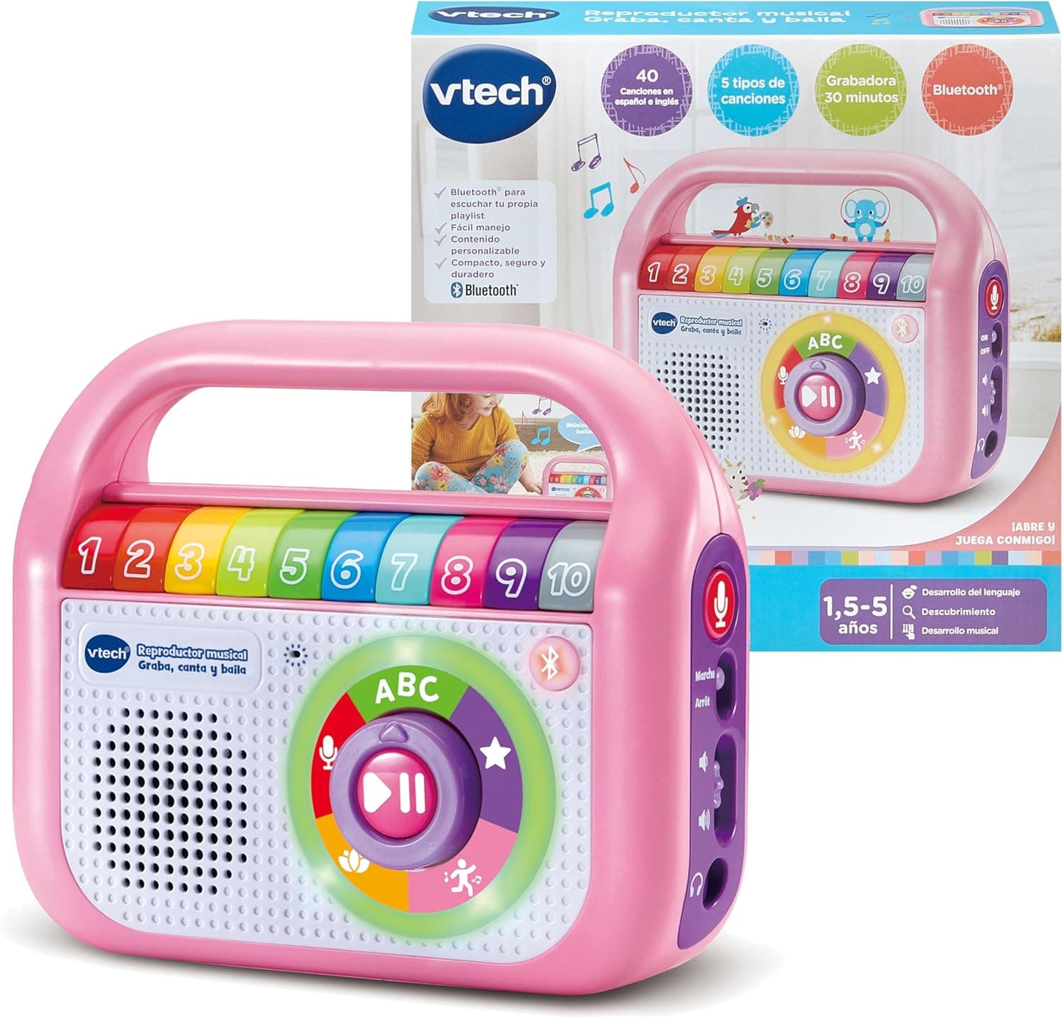 VTech - Reprodutor musical grava cantora e dança rosa, rádio infantil com Bluetooth, gravador, brinquedo para crianças + 1,5 anos, versão em espanhol