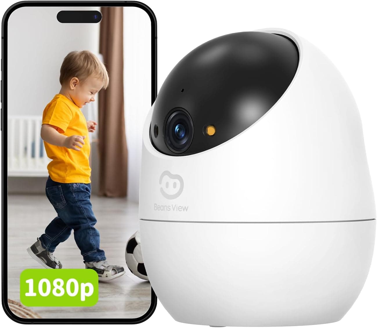 Beans View Câmara interior para segurança, visão noturna colorida, visão de 360°, câmara Wi-Fi para animais de estimação/cães/gatos, 1080P, deteção humana, auto-rastreamento, trabalhar com a Alexa