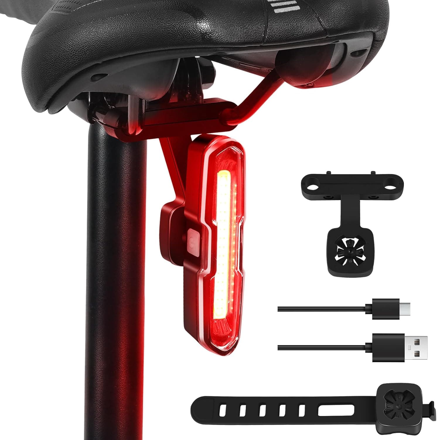 DONPEREGRINO B2-110 Luz traseira de bicicleta potente LED em vermelho/azul, recarregável por USB, alto brilho com 5 modos fixos e intermitentes