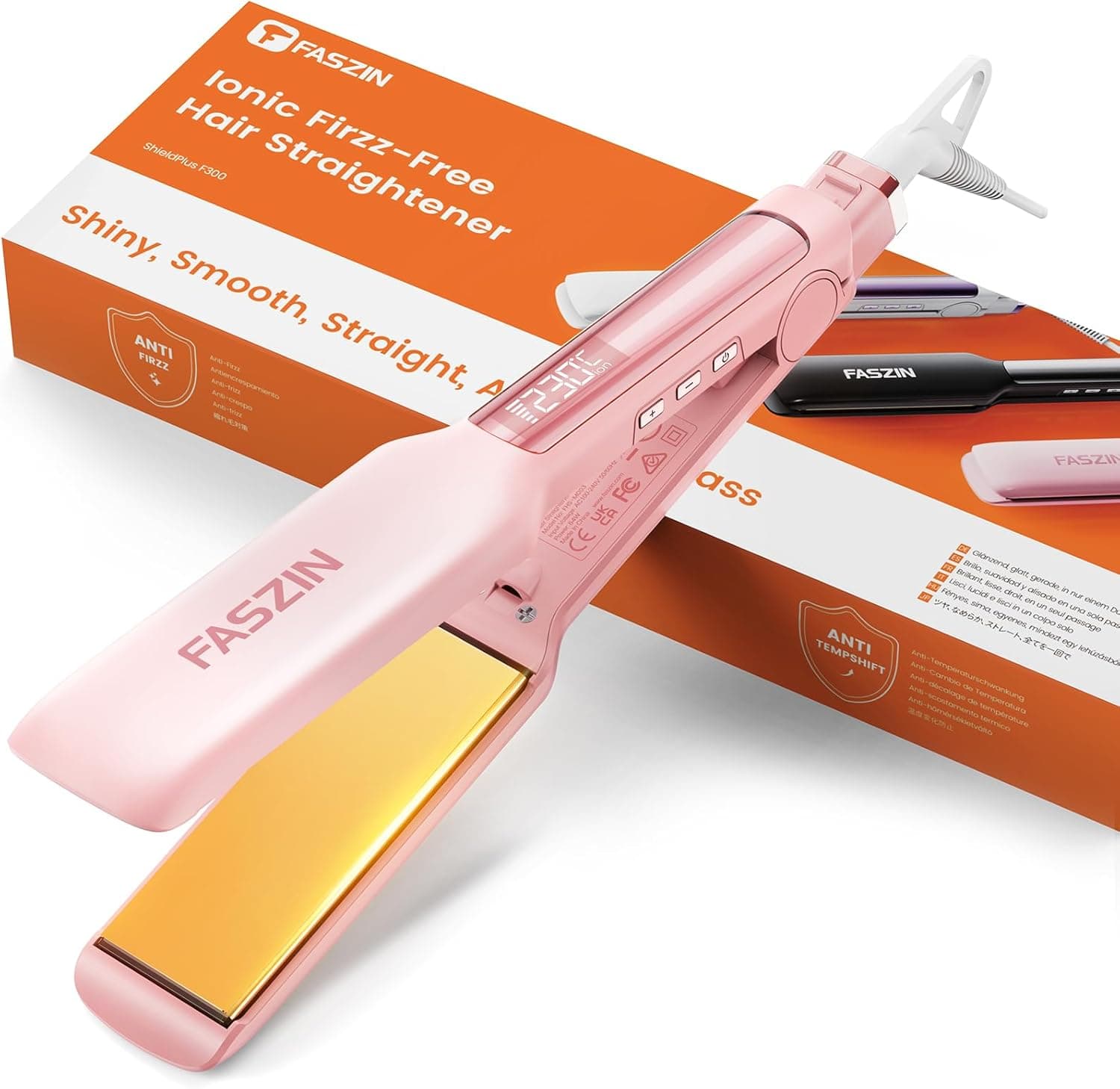 Faszin Ferro de cabelo com placa de 42 mm de largura, ferro de titânio com iões negativos, ecrã LED, aquecimento rápido de 30 s, temperatura ajustável de 11 níveis (130-230 °C), rosa