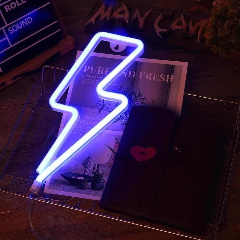 Letreiro de néon Lightning Bolt para parede, com luzes LED de néon, funciona a pilhas ou USB, luzes de néon para quarto, Natal (azul)