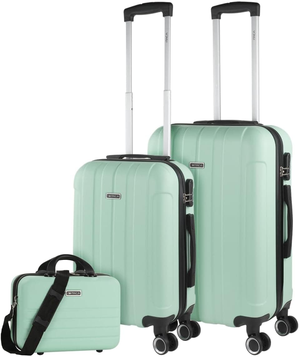ITACA - Malas de viagem rígidas ABS - mala de viagem cabine, mala média e mala grande - pega telescópica, 4 rodas giratórias e cadeado de combinação, Menta, Conjunto de malas