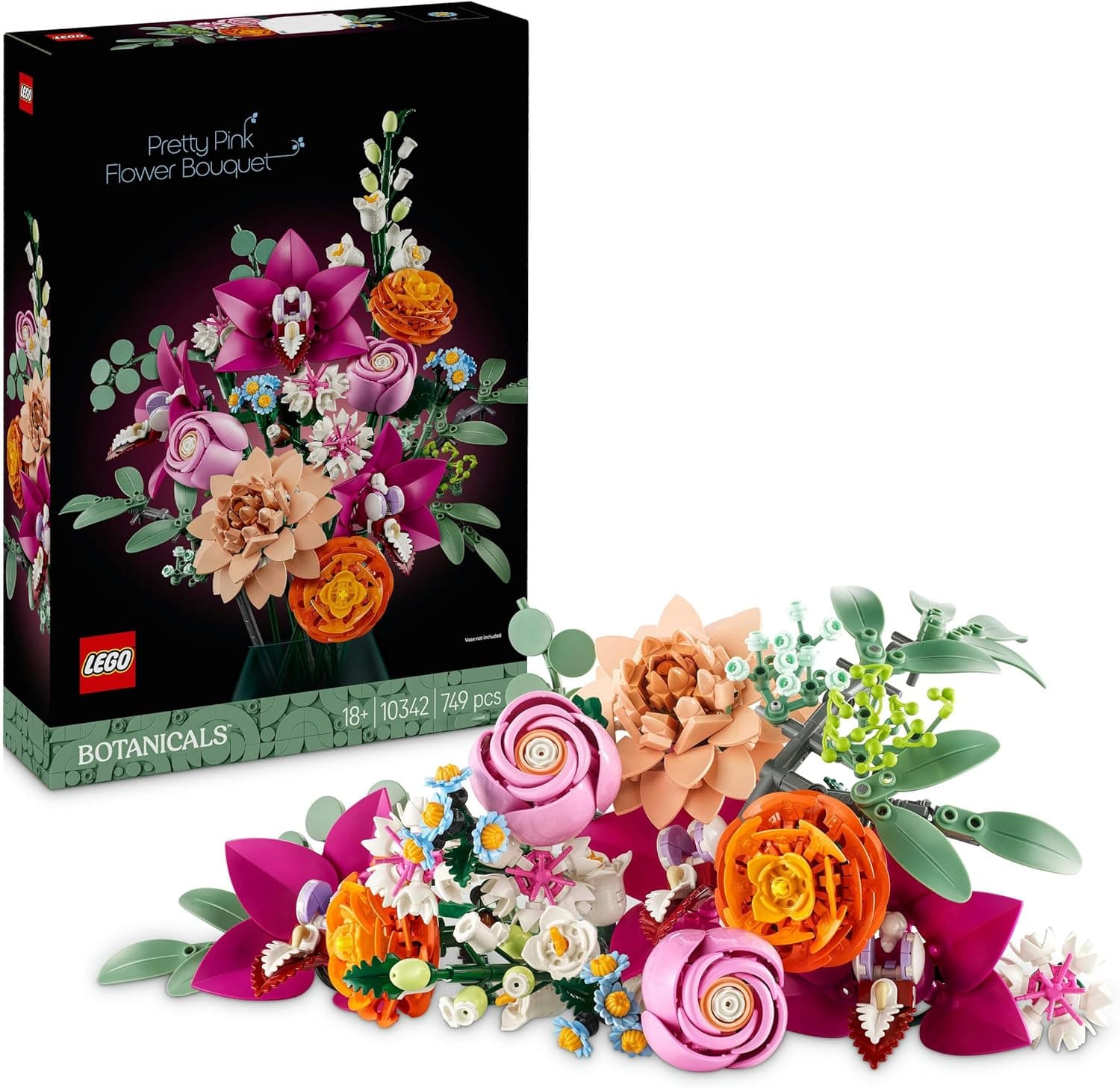 LEGO Botanical 10342 | Ramo de flores fantasia em rosa com 749 peças — margaridas, eucalipto, rosas e mais — decoração floral para adultos e presente criativo para qualquer ocasião