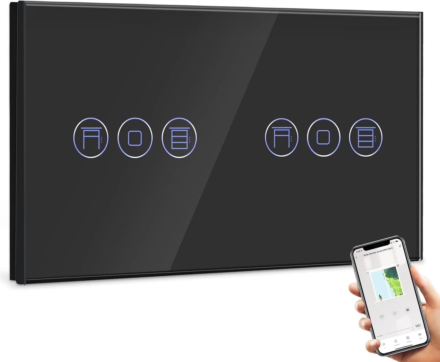 BSEED WiFi Interruptor persiana preto duplo, 1 Gang 1 via interruptor de parede Smart compatível com Alexa e Google Home, controlo por APP ou voz, função de temporizador, requer cabo neutro