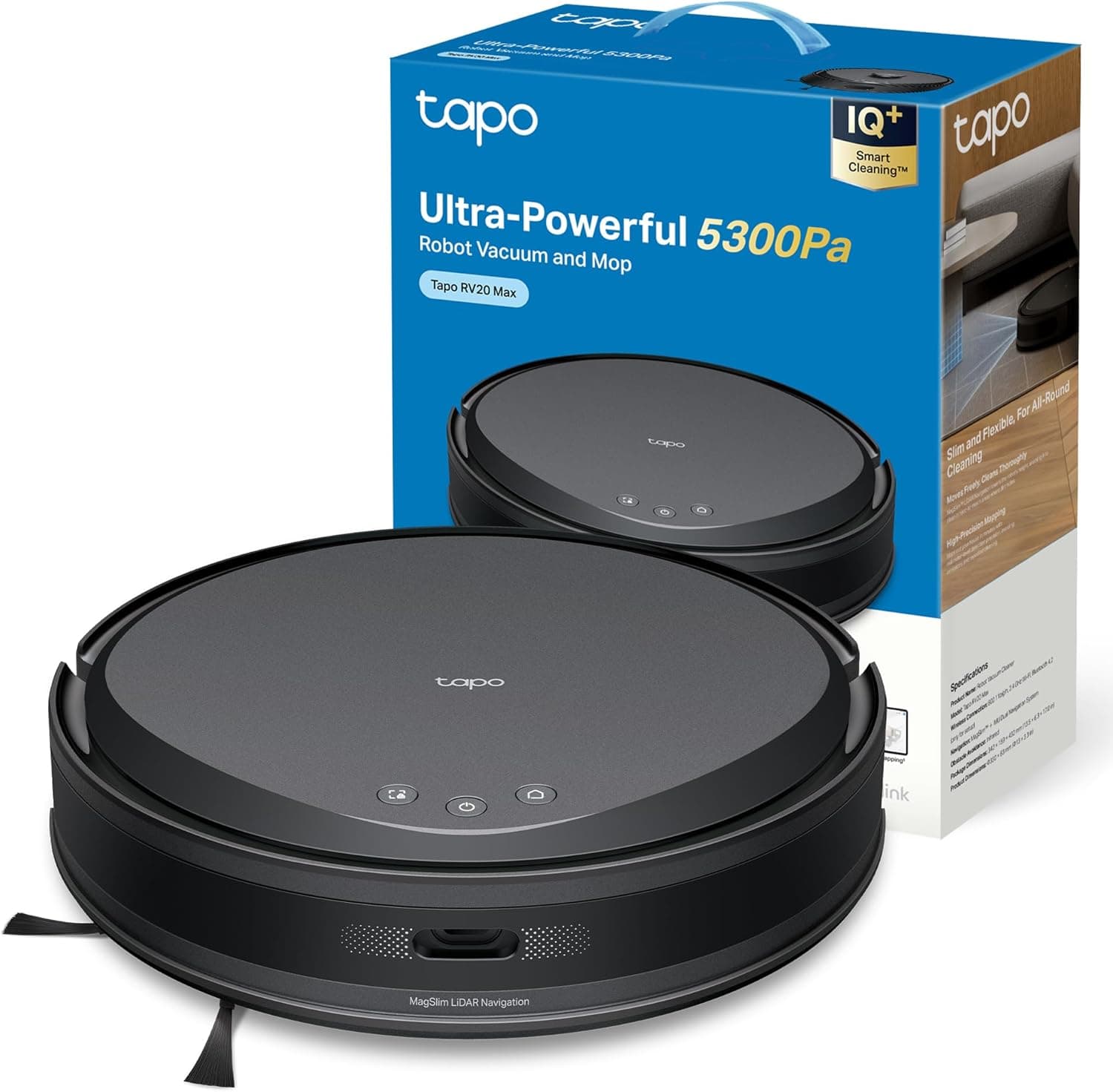 Tapo RV20 MAX Robot aspirador e esfregona 4 em 1, ultra sucção 5300Pa, navegação LiDAR MagSlim, limpeza inteligente IQ+, design ultrafino de 83 mm, limpeza personalizável com aplicações