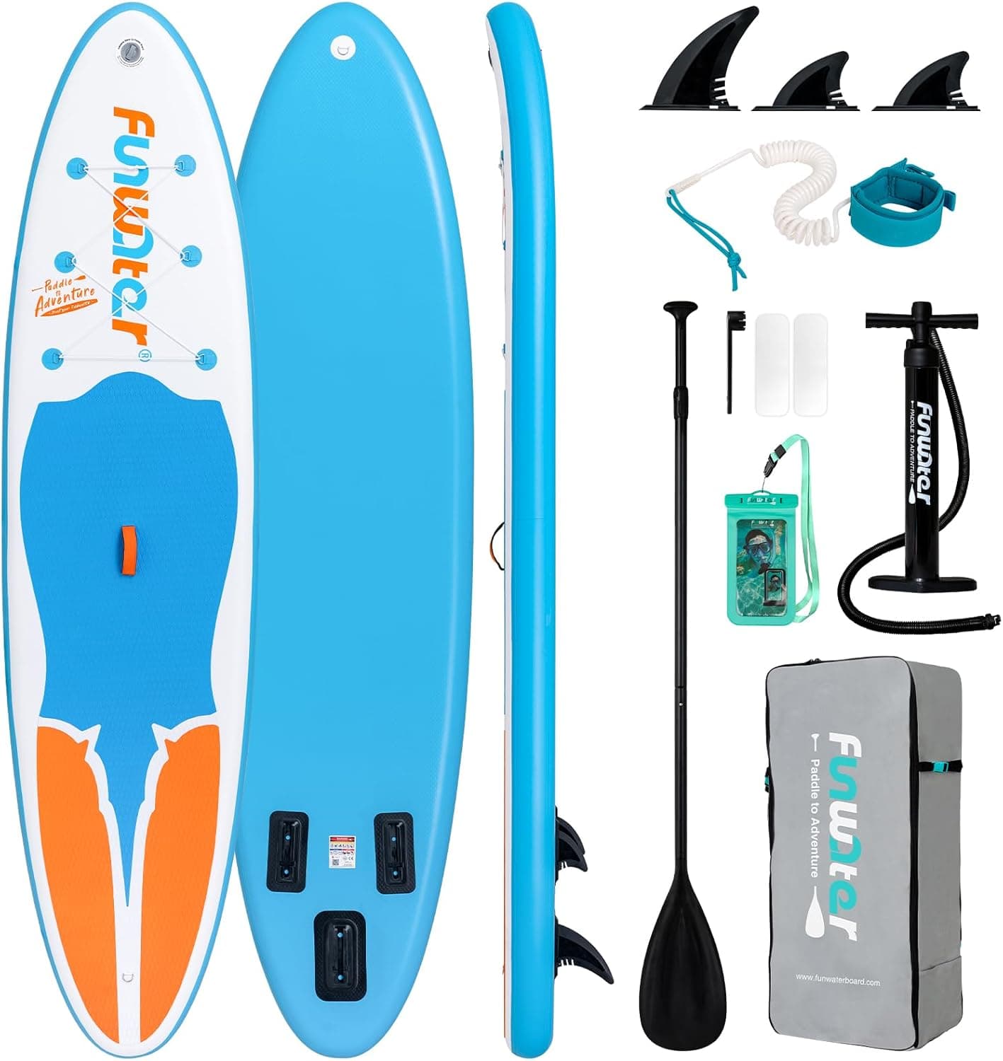 FunWater Tábua de surf insuflável de pé, sopra com remo ajustável, bomba, mochila de viagem, correia de segurança e capa impermeável para telemóvel