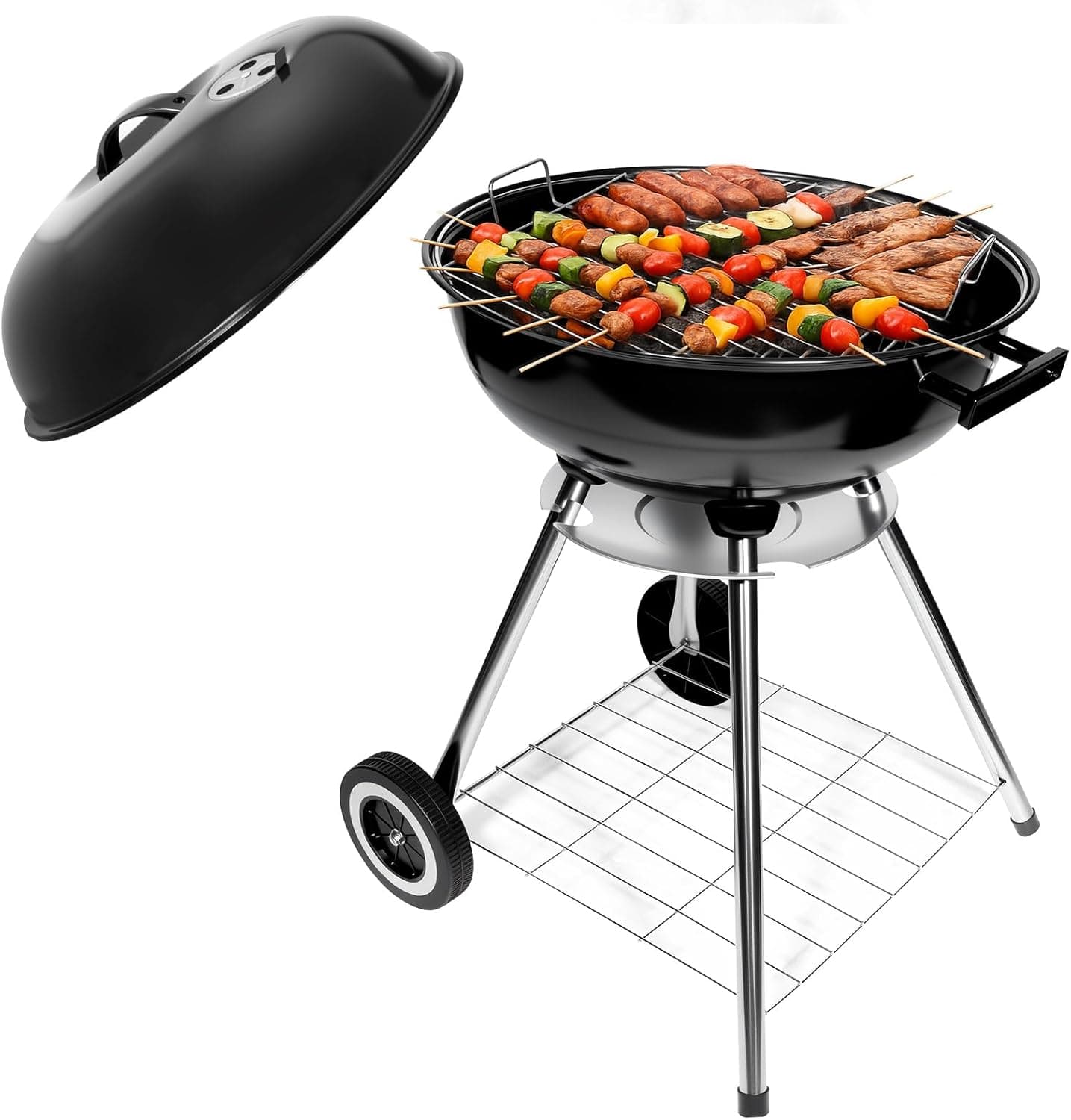 HYCHIKA Churrasco de carbono redondo, Ø 47 cm 18 polegadas grelha compacta com tampa e rodas para jardim, varanda e campismo