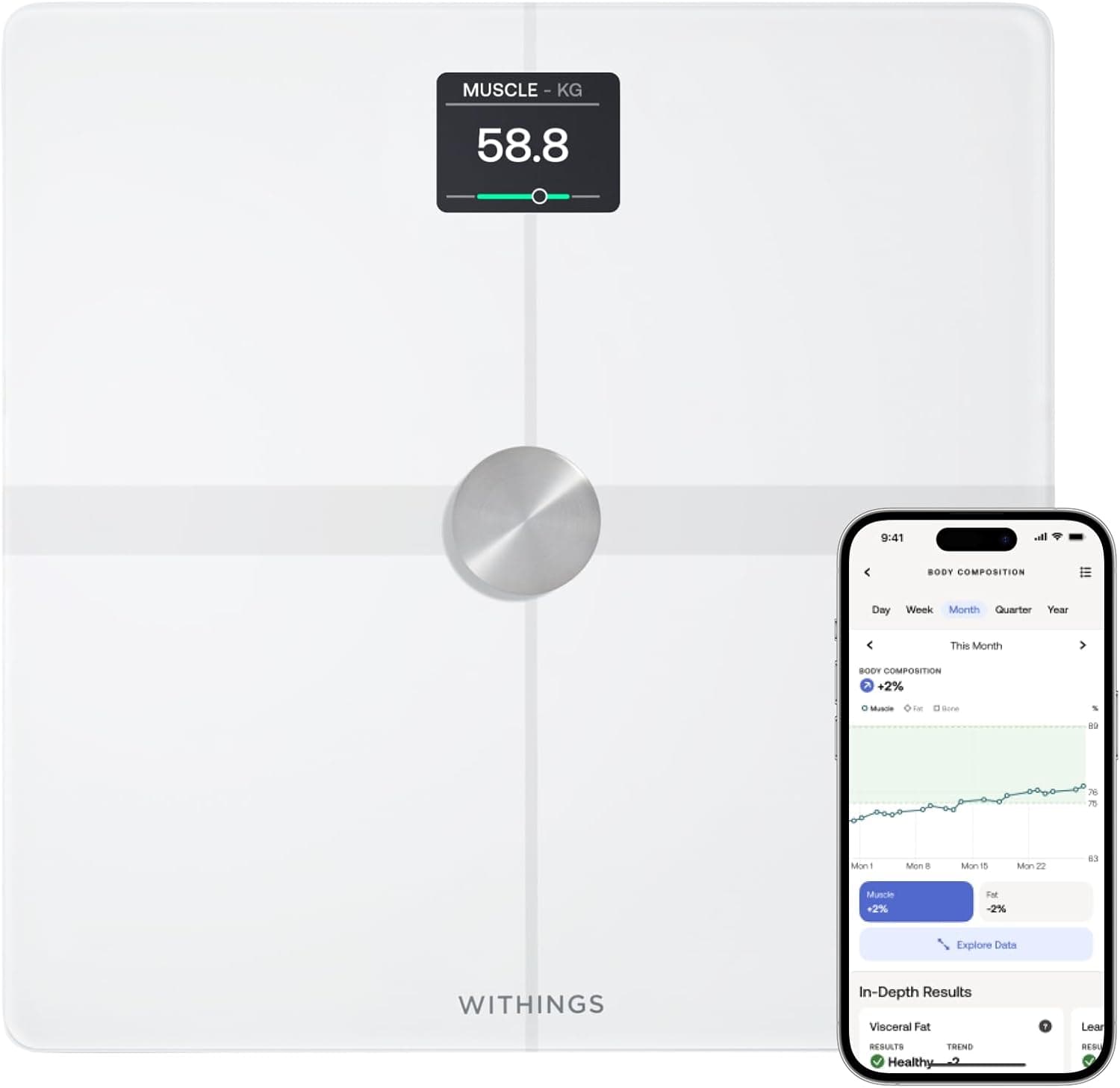 Withings Body Smart Bascula de banho com composição corporal avançada (peso, gordura corporal, músculo, massa óssea, água, índice de gordura visceral), balança peso corporal WiFi, até 8 utilizadores