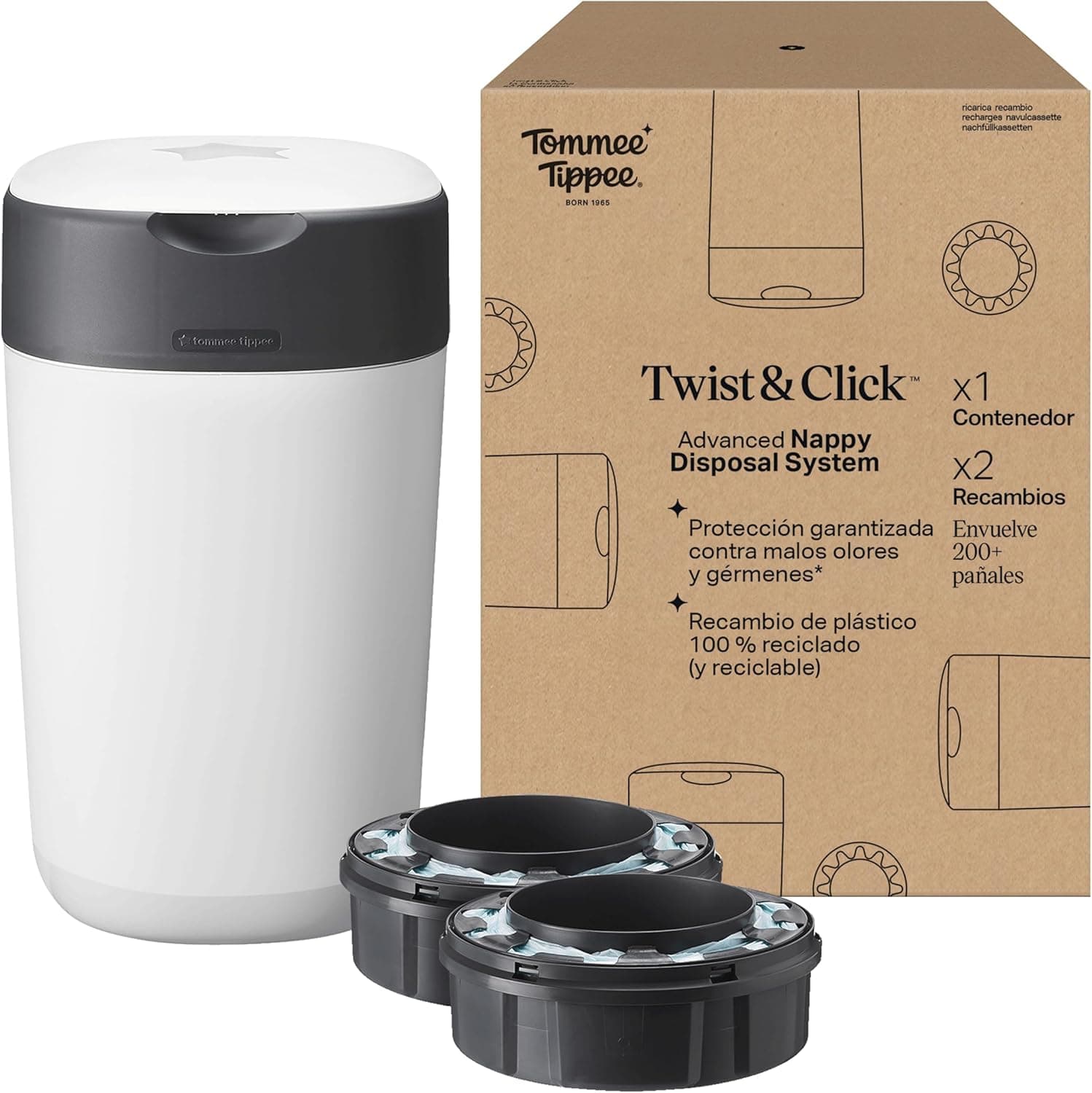 Tommee Tippee Recipiente para fraldas Twist & Click, pack exclusivo com x 2 peças de reposição incluídas, proteção garantida contra maus odores e germes, grande capacidade