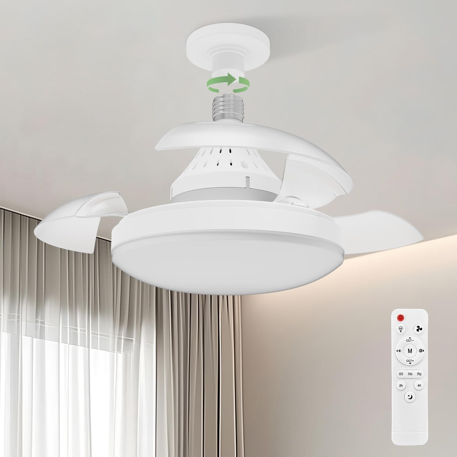 Airwit 41 cm Silencioso ventilador de teto com luz e pás retráteis, E27 regulável 30 W candeeiro ventilador de teto LED com controlo remoto para pequeno quarto sala de estar, 4 velocidades, branco 