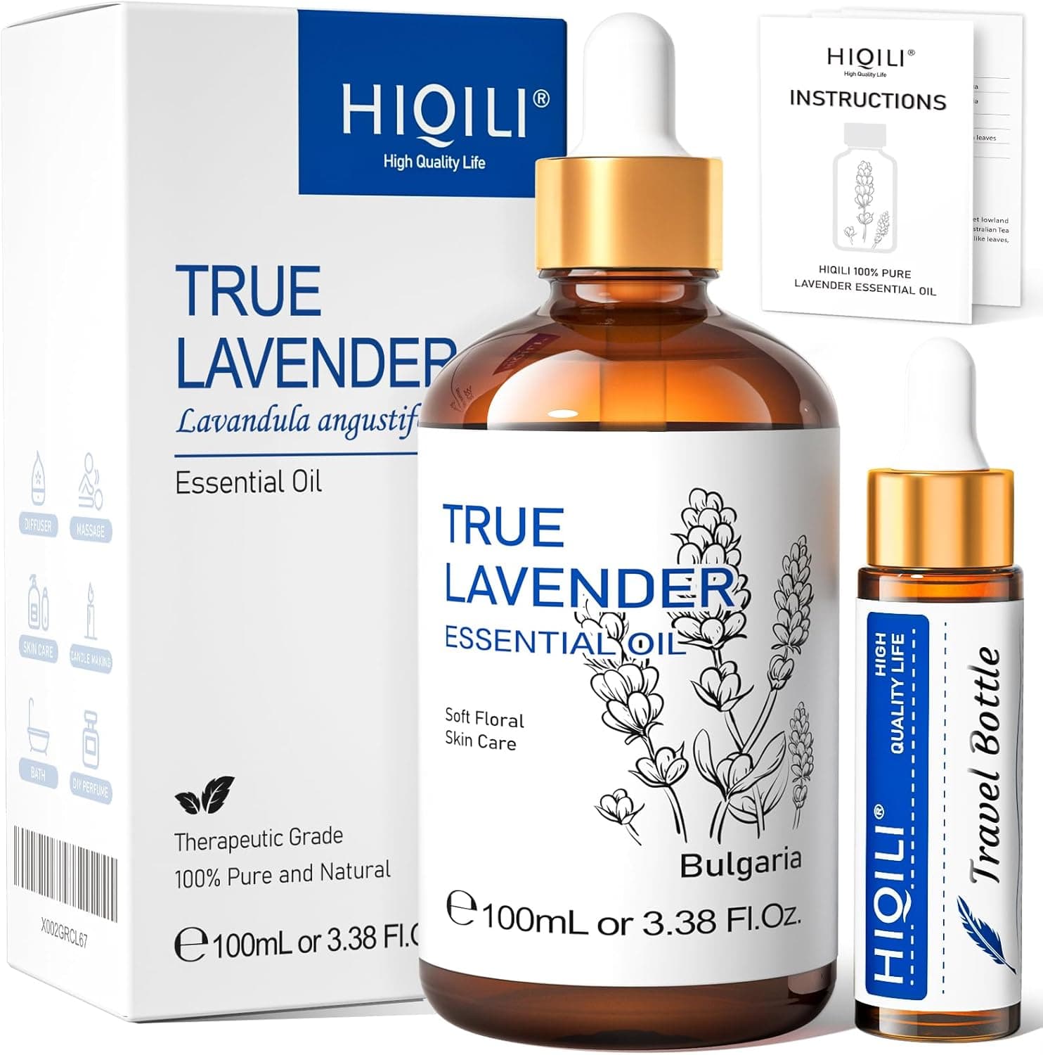 HIQILI 100 ml óleo essencial lavanda - 100 % puro sem iluir, grau terapêutico para difusor de aromaterapia, aliviar o stress, melhorar a qualidade do sono, com conta-gotas de vidro