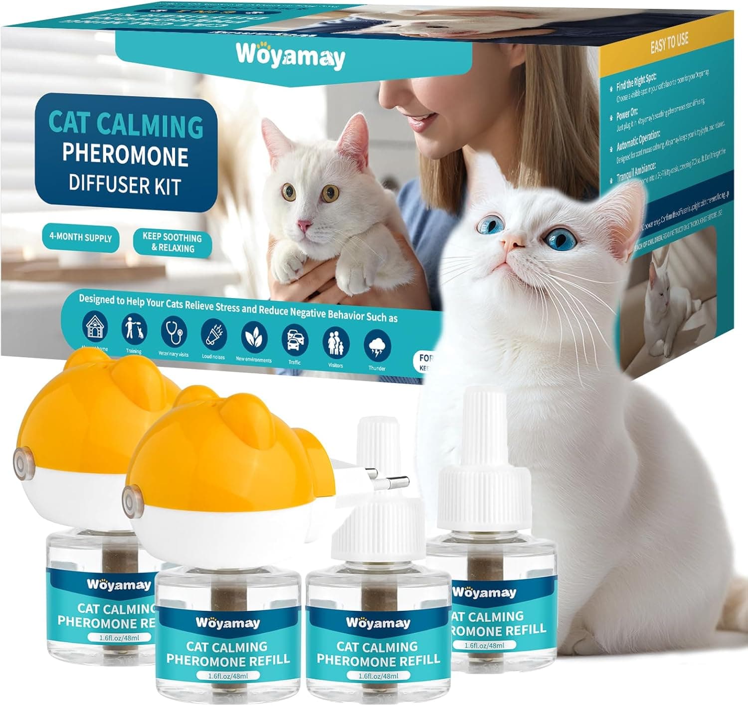 Woyamay Difusor de feromonas para gatos, feromonas para gatos, kit calmante 6 em 1, com 2 difusor e 4 frascos de substituição (48 ml) para aliviar a ansiedade e relaxamento, até 60 dias, feromonas