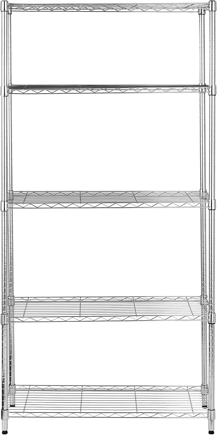 Amazon Basics Unidade de armazenamento de 5 prateleiras com prateleiras ajustáveis em altura e pernas de nivelamento, peso máximo de 680 kg, cromado, 35,6 cm x 91,4 cm x 182,9 cm (D x W x A)