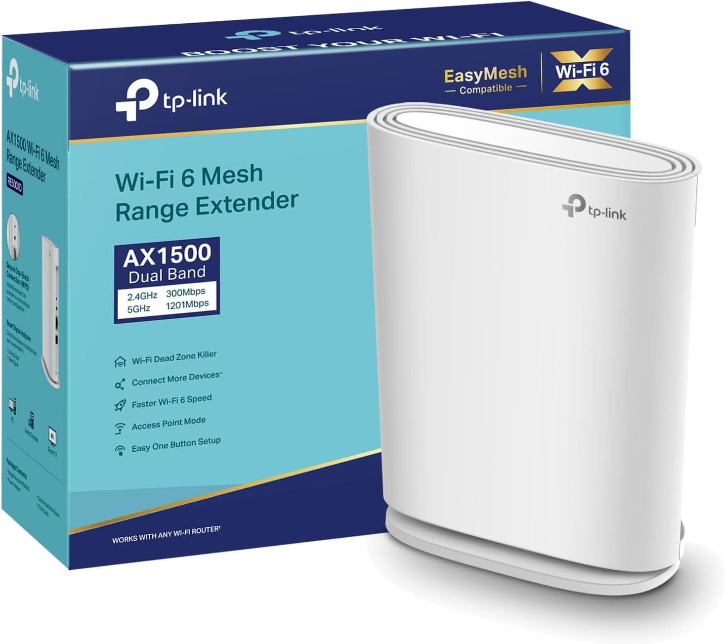 TP-Link RE500XD, Repetidor WiFi 6 de banda dupla, desempenho AX1500, porta Gigabit de 1000 Mbps, compatibilidade universal/EasyMesh, design vertical