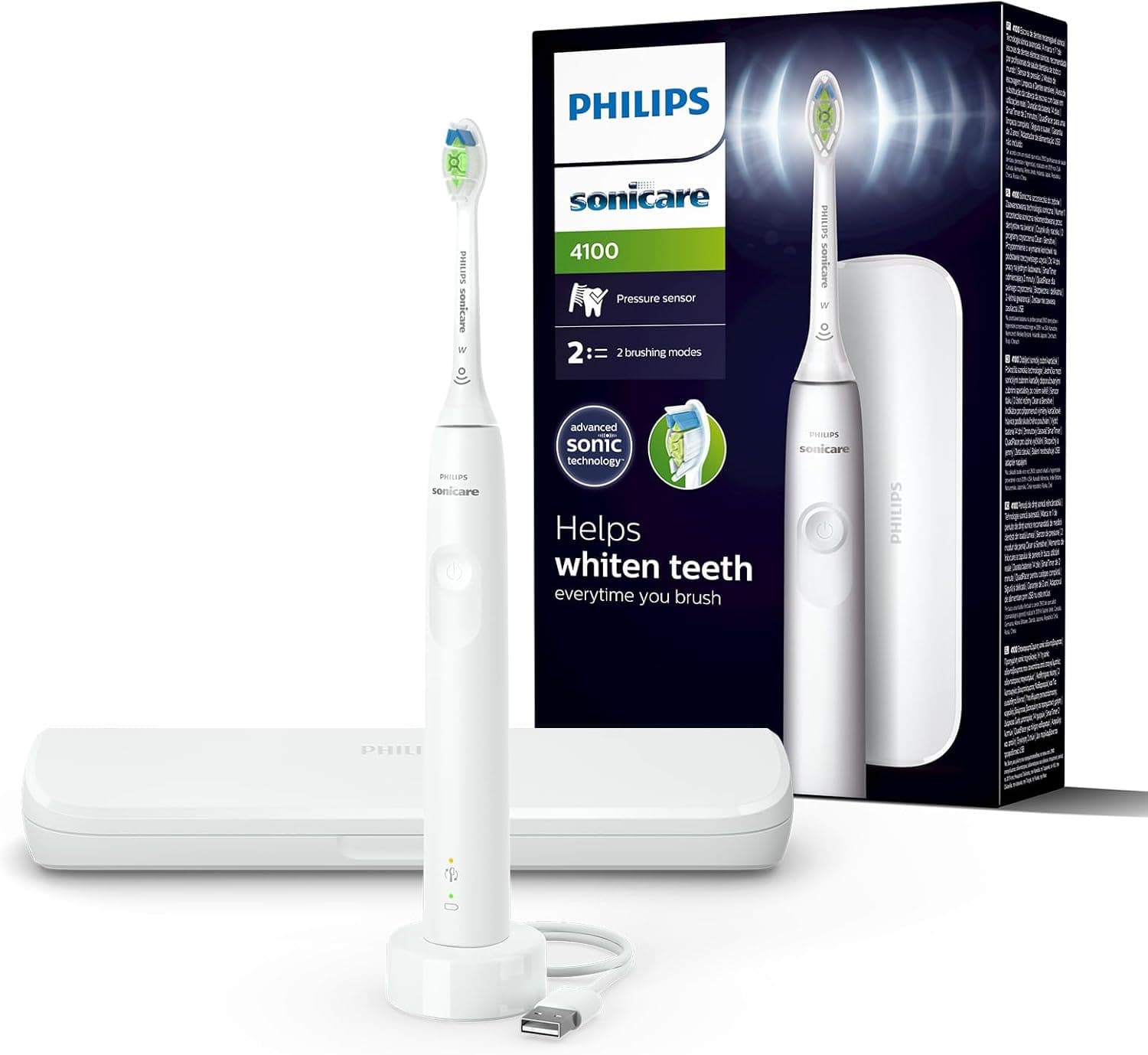 Philips Sonicare 4100 Escova de dentes elétrica para adultos, com 1 cabeça de escovagem sónica Philips W2 Optimal White em branco, estojo de viagem compacto e carregador USB, modelo HX3683/33