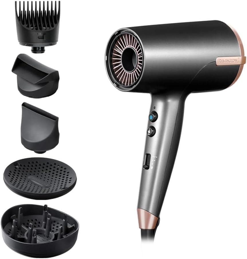 Remington Secador de cabelo profissional ONE, sensor Thermacare para proteger o cabelo, iónico, 8 ajustes, 4 acessórios, redutor de encrespamento, nécessaire para guardar, D6078