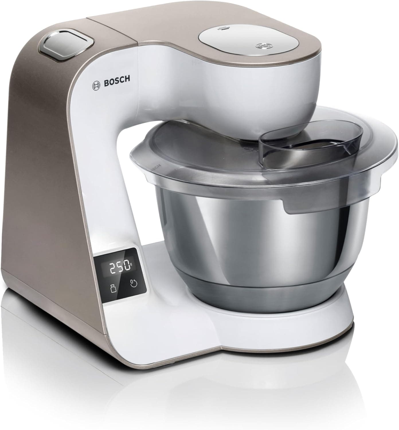 Bosch - Robô de cozinha com balsa, MUM 5, 1000 W, tigela de aço inoxidável (3,9 L), conjunto profissional de pastelaria, trituradora, branco/champanhe, MUM5XW20 