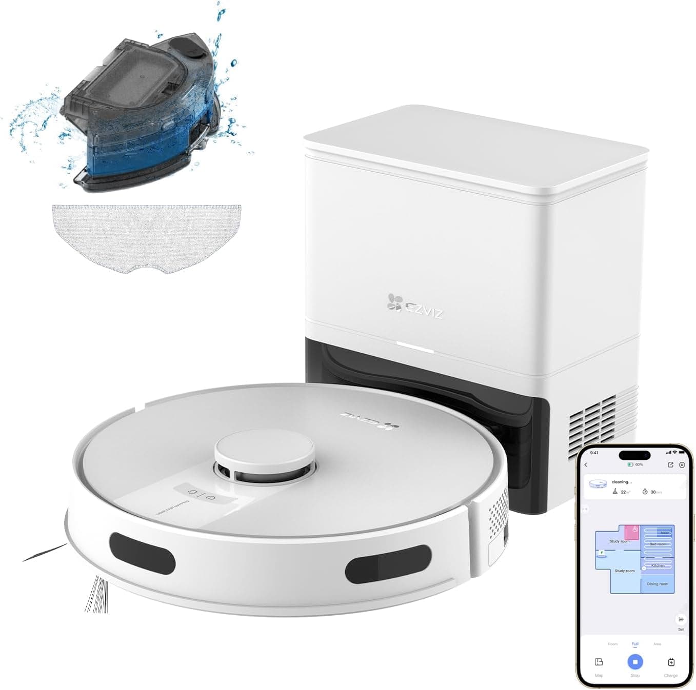 EZVIZ RE4C Plus Gen 2 Aspirador robot esfregona para chão, 4000 Pa sucção robot de limpeza com base auto-esvaziada, LiDAR LDS navegação, deteção e prevenção de obstáculos