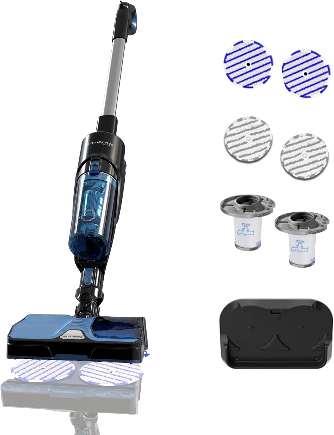 Rowenta X-Combo GZ3038 Aspirador sem cabo de grande sucção com 215 W, 3 modos, tecnologia aerospin, esfregona para chão e manchas, preto e azul