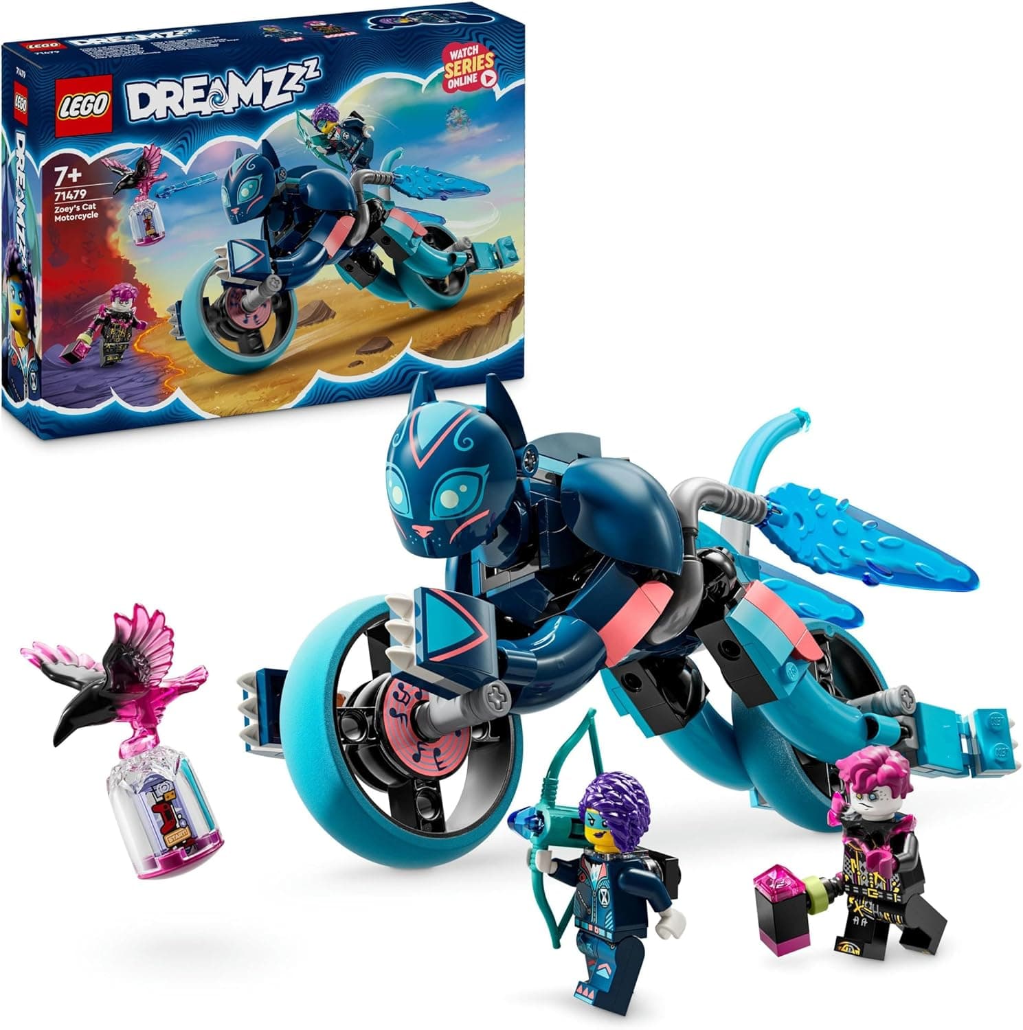 LEGO DREAMZzz Moto Felina de Zoey de brinquedo com 2 minifiguras de personagens, presente para meninas e meninos de 7 anos ou mais, figura de animal conversível, jogo criativo de aventura 71479