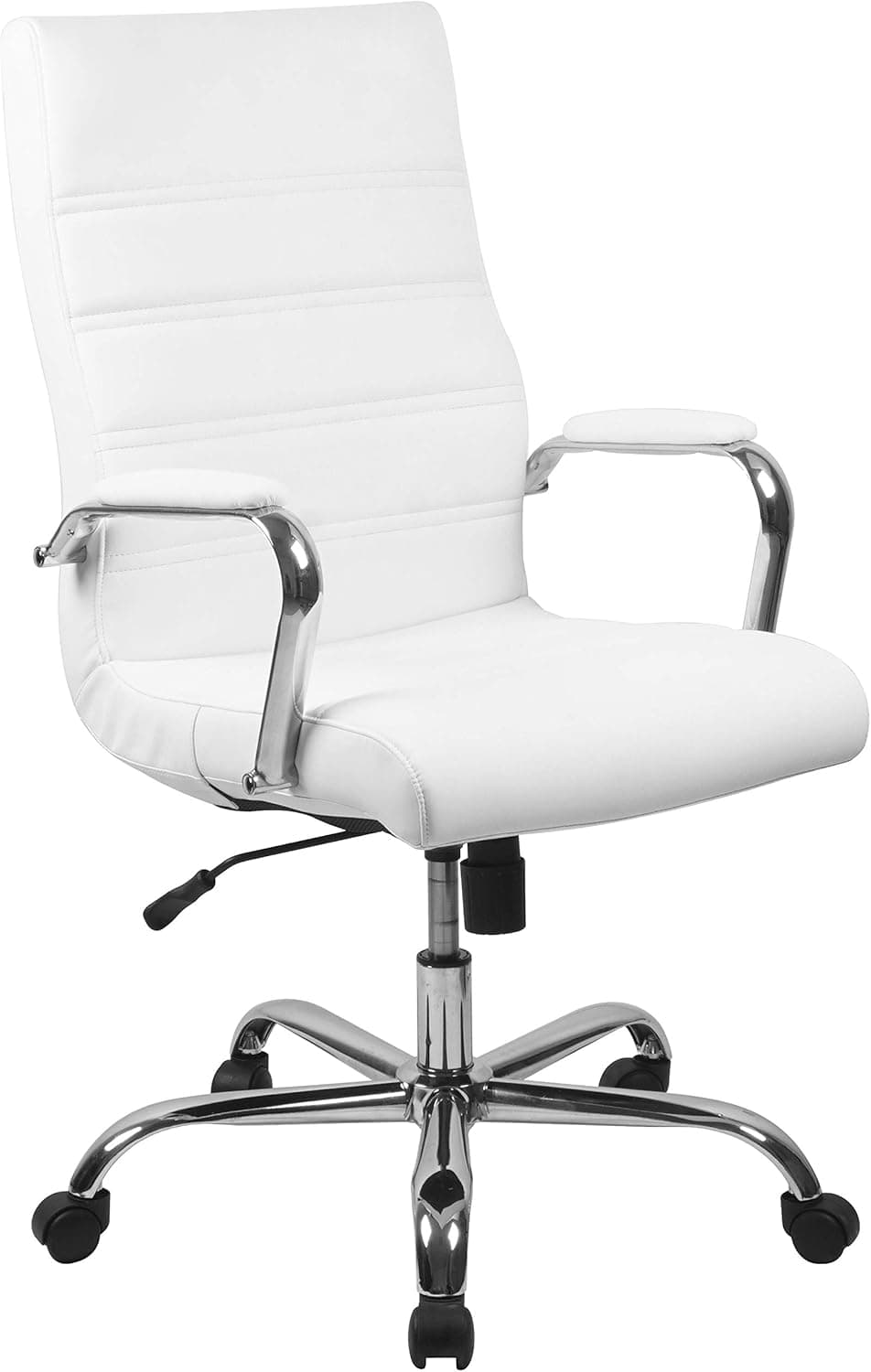 Flash Furniture Cadeira de escritório de executivo, ergonómica, assento em couro perfilado e altura ajustável, encosto alto, apoio de braço cromado e alavanca de inclinação com fixação, branca