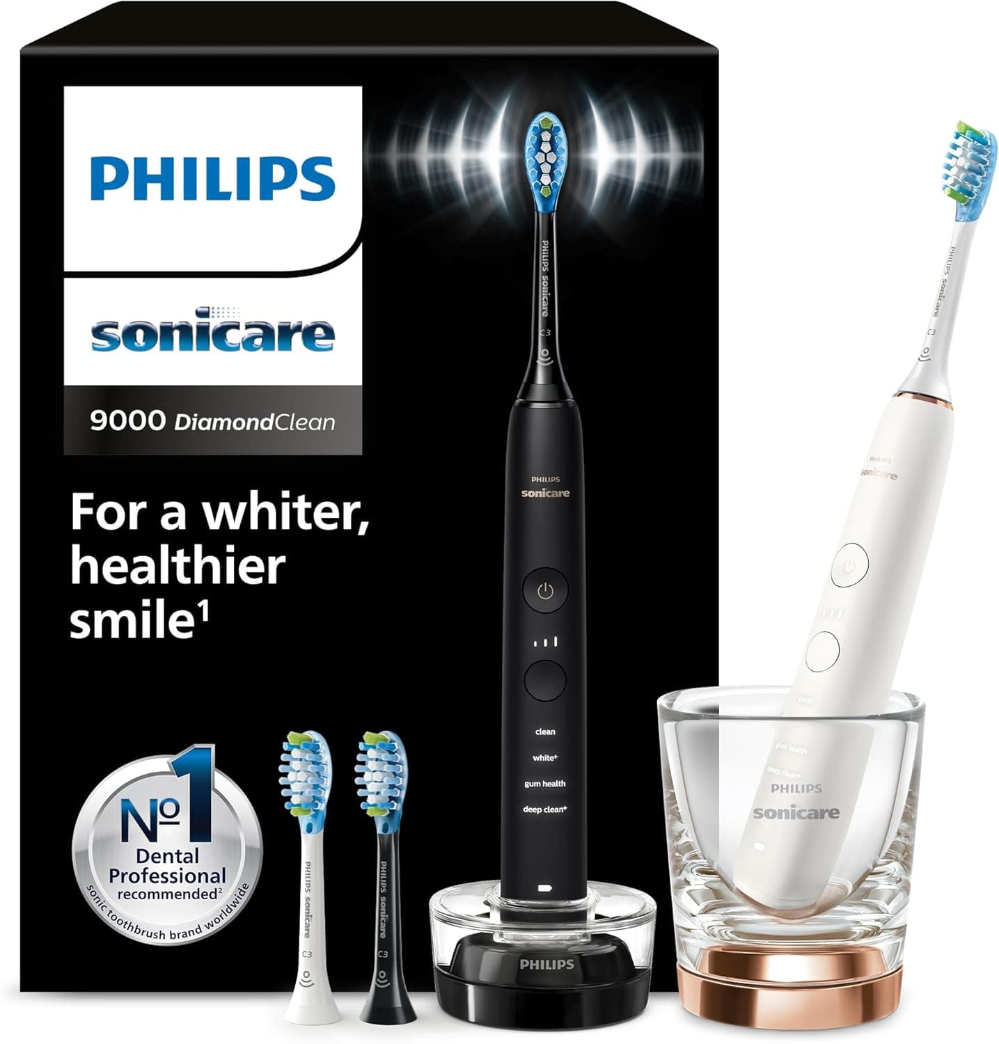 Philips Sonicare DiamondClean 9000 escova de dentes elétrica, embalagem dupla, escova de dentes sónica com aplicação, sensor de pressão, copo de carga, preto e ouro rosa, modelo HX9914/61