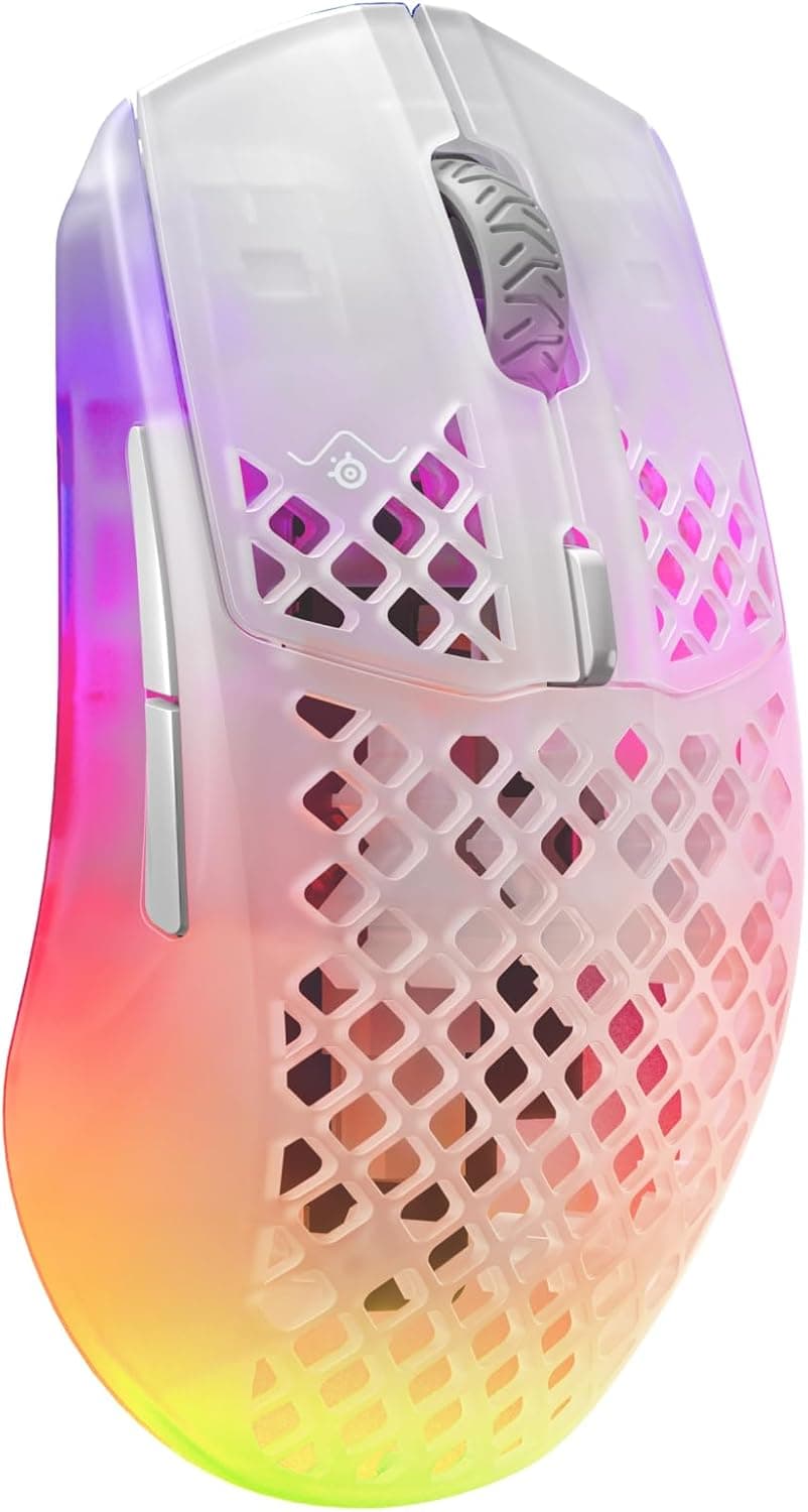 SteelSeries Aerox 3 Wireless Rato gaming perfurado RGB - design ultraleve resistente à água, sensor ótico TrueMove Air 18K DPI - Ghost