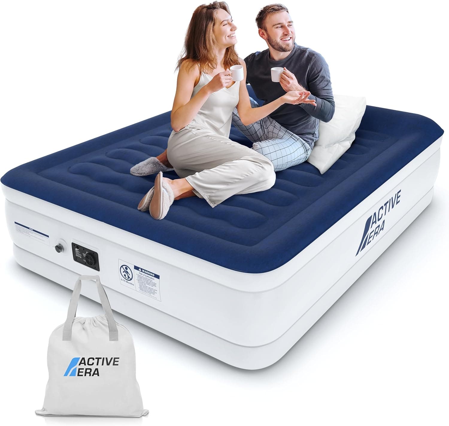 Active Era Colchão insuflável de casal 203 x 152 x 56 cm. Bomba elétrica e almofada incorporada, insuflada em 3 minutos