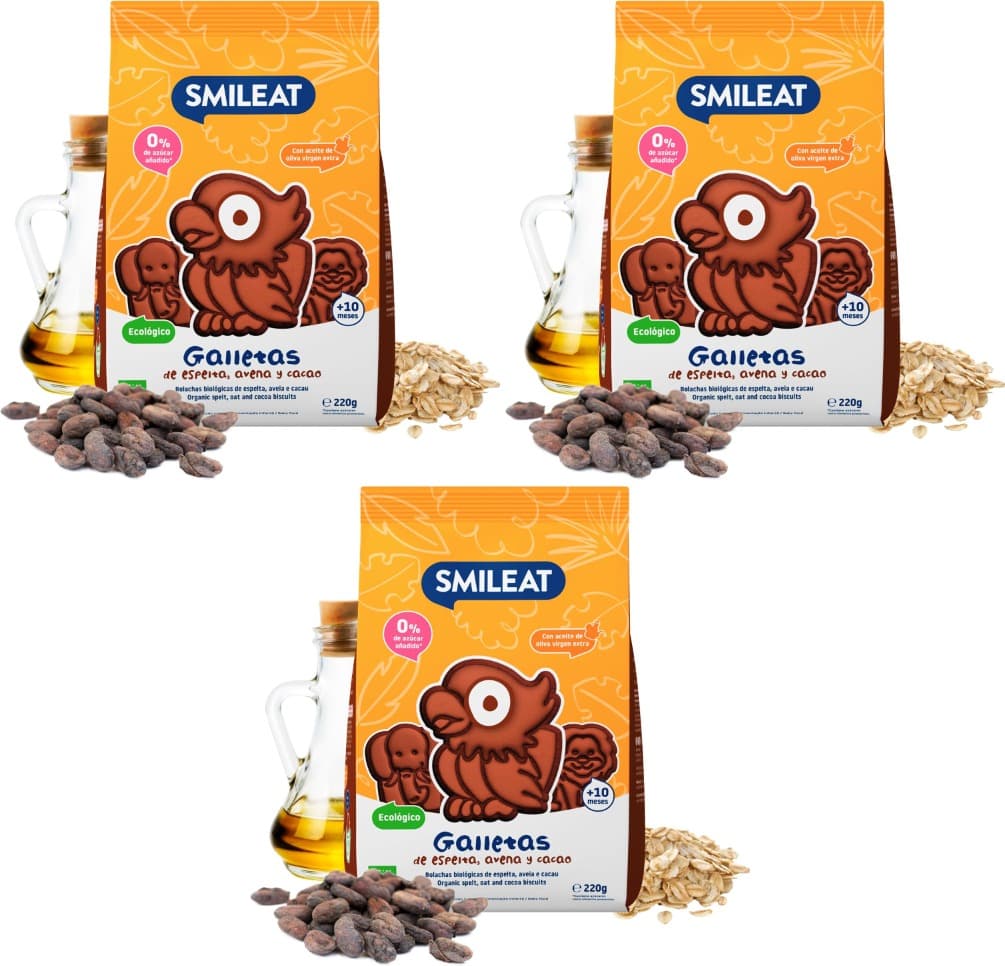 Smileat - Bolachas de Espelta aveia cacau para pequenos 10 meses - sem açúcar adicionado, com azeite virgem extra - perfeitas como Snack ou lanche - 220 g x 3