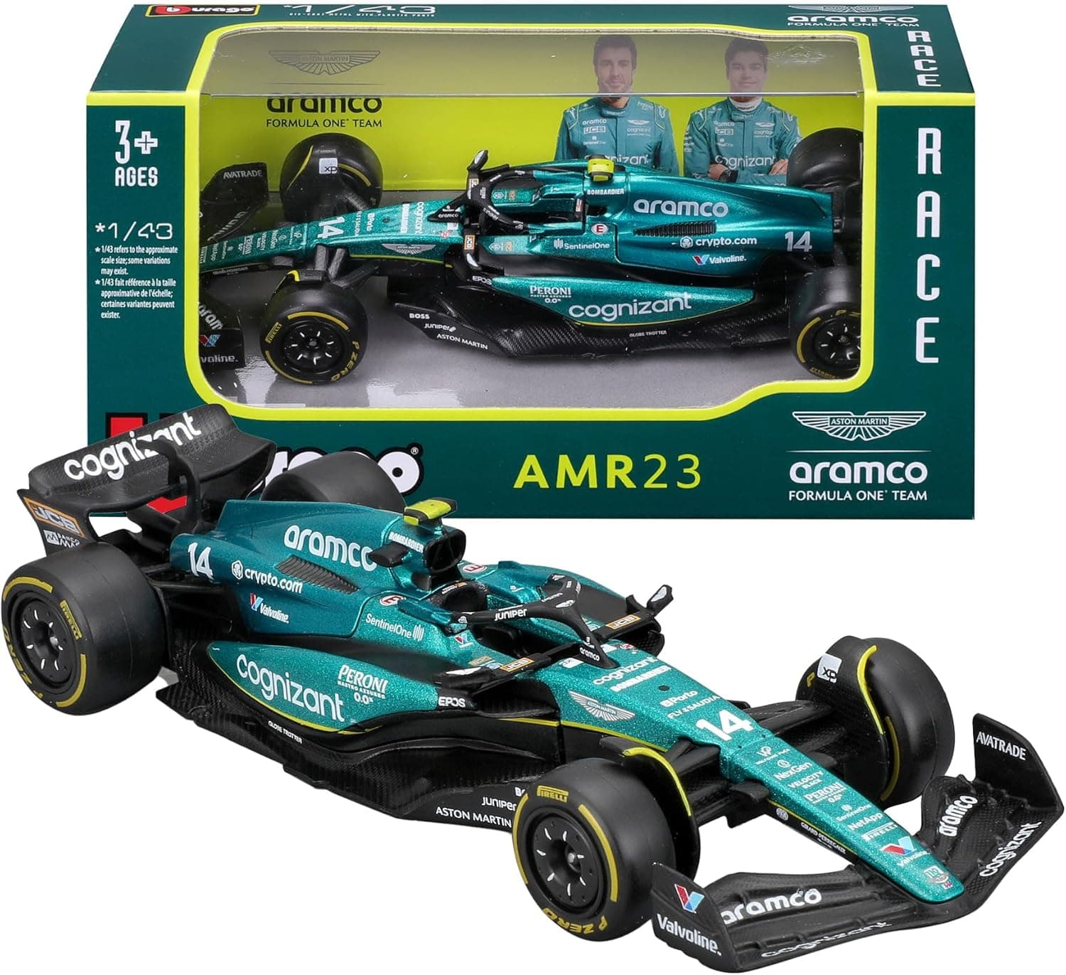 Bburago - Aston Martin AMR23#14 Alonso, Realistic F1 Car Scale 1:43, Diecast Replica with oficial Aston Martin Licence, Idade recomendada 3 anos