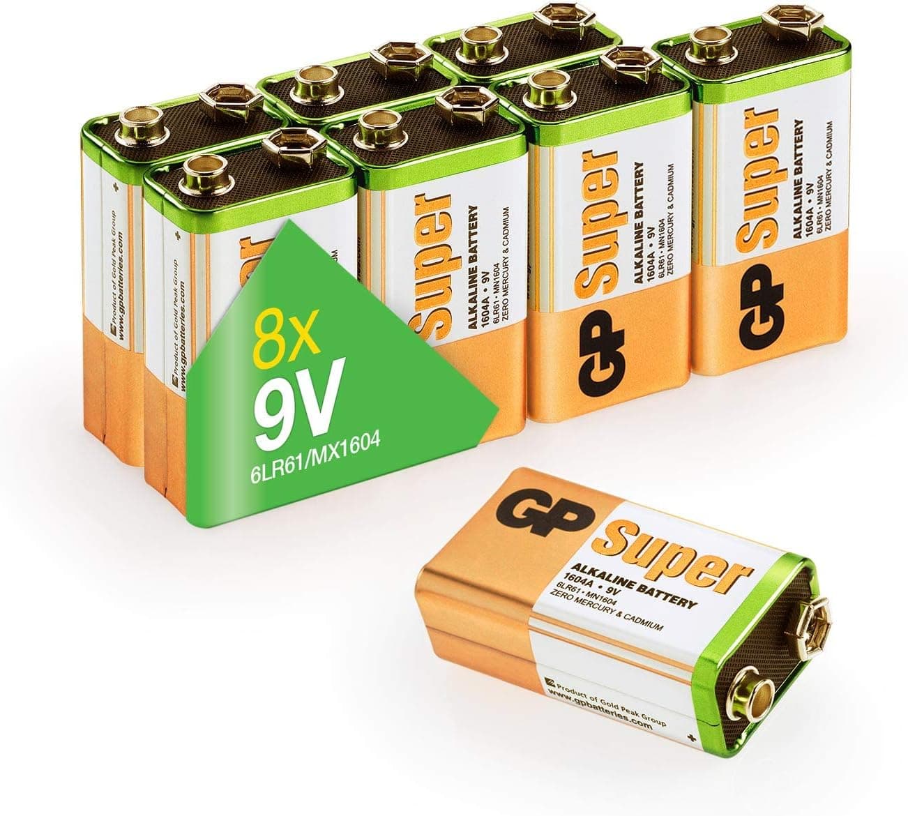GP Pilhas 9 V 6LR61 com tecnologia G-TECH renovada, 8 unidades