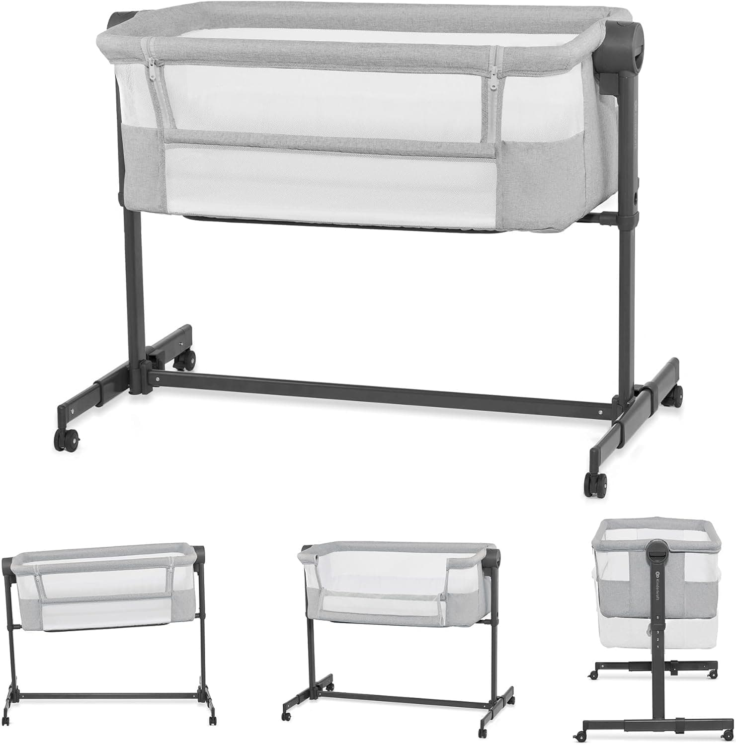 Kinderkraft NESTE UP 2 berço carteira para bebé com colchão, berço de cabeceira, fácil ajuste da cama dos pais, ajuste de altura, boa circulação de ar, rodas transportará, cinzento