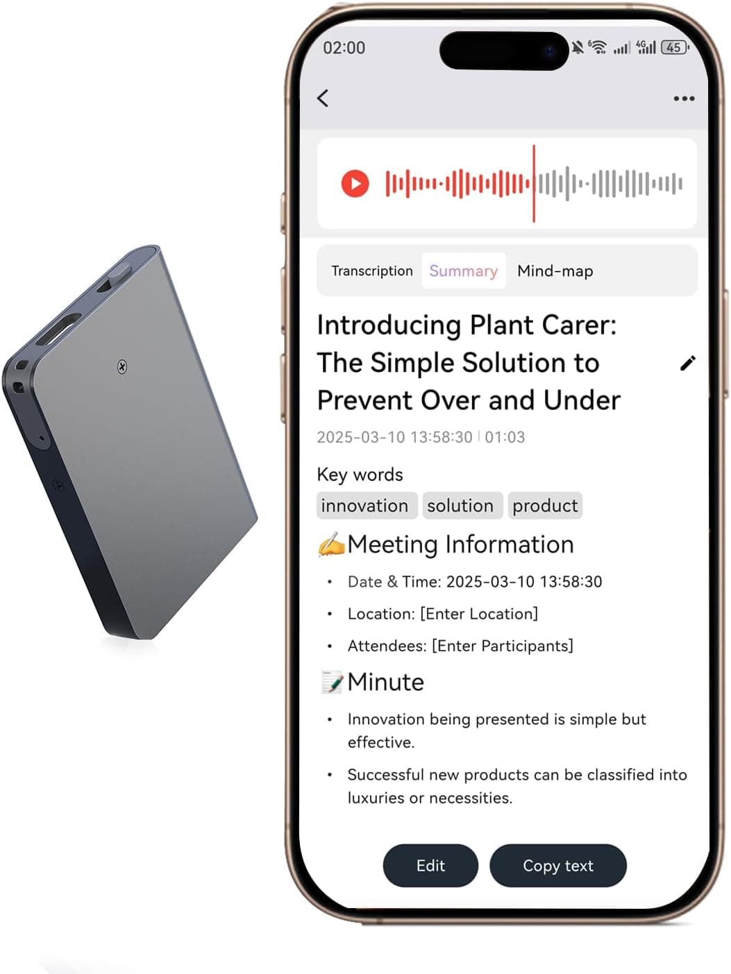 Nota KI Gravador de voz digital com estojo - Gravador de voz de 64 GB com tecnologia de IA para transcrição e resumo, gravação com um toque, redução de ruído, suporta 112 idiomas