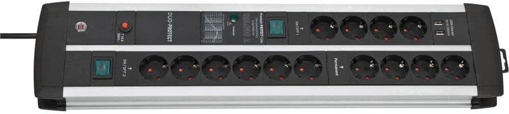 Brennenstuhl Premium-Protect-Line extensão tomadas com USB e 14 tomadas de corrente, proteção contra sobretensão (cabo de 3 m, interruptor, proteção até 120.000A, Made in Germany) prateado/preto