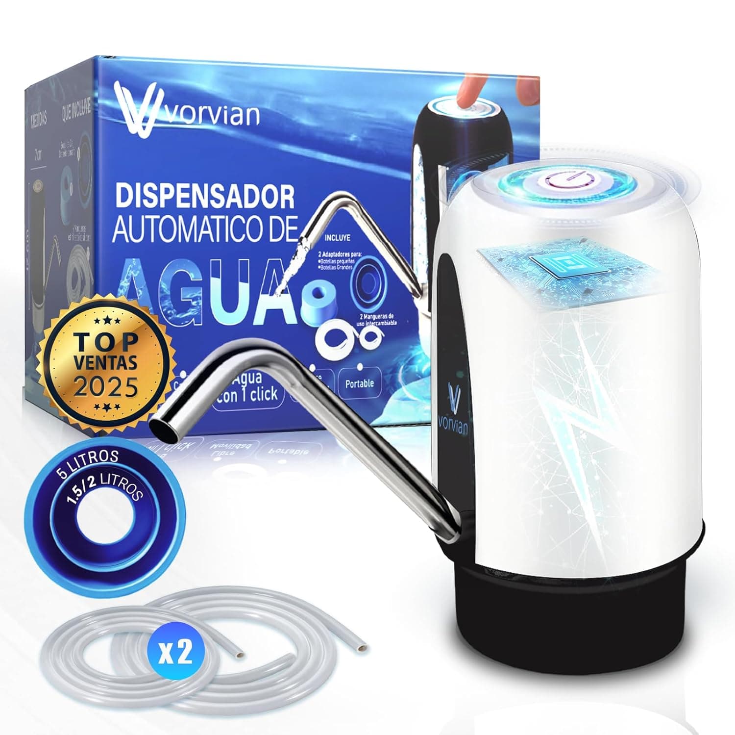 VORVIAN SUPER PACK DDA-001 | Dispensador universal de água com 2 mangueiras, bateria recarregável, sem BPA, compatível com todas as garrafas – ideal para casa, escritório, campismo e autocaravanas